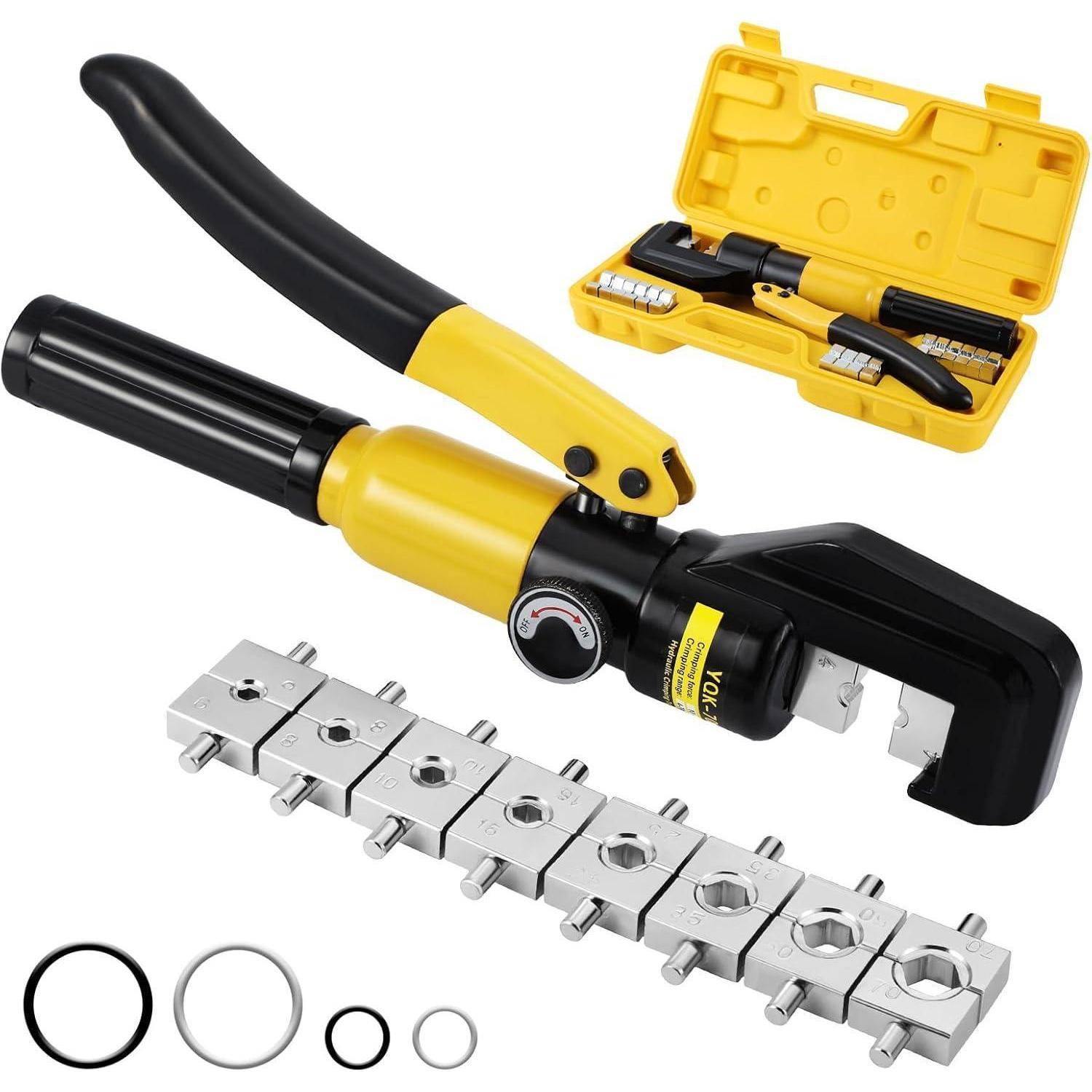 Hydraulische Crimpwerkzeug-Set mit einem gelben Koffer, verschiedenen Matrizen und Gummiringen. Geeignet für elektrische und mechanische Anwendungen.