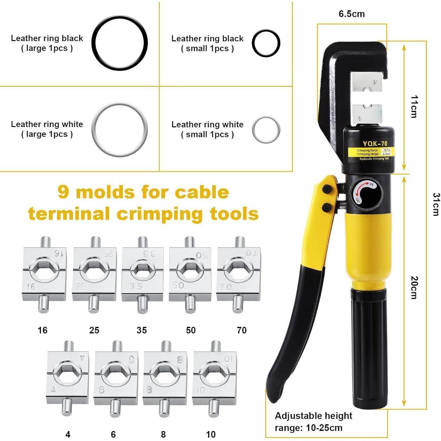 Kabelendklemm-Werkzeug mit einstellbarem Bereich von 10-25 cm, enthält 9 Formen: 16, 25, 35, 50, 70, 4, 6, 8, 10 mm. Größen angegeben für schwarze und weiße Lederringe.