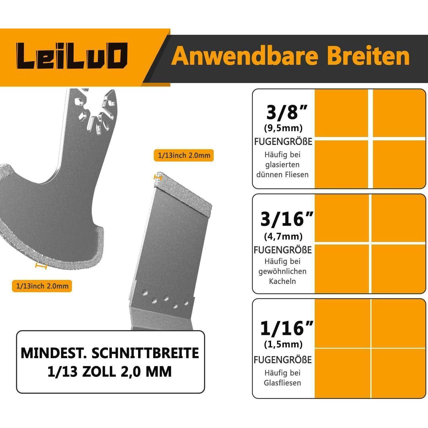 Sägeblätter mit Beschriftung '1/13 Zoll 2,0 mm' zum Schneiden. Tabelle zeigt Fugengröße: '3/8', '3/16', '1/16' für verschiedene Fliesen.