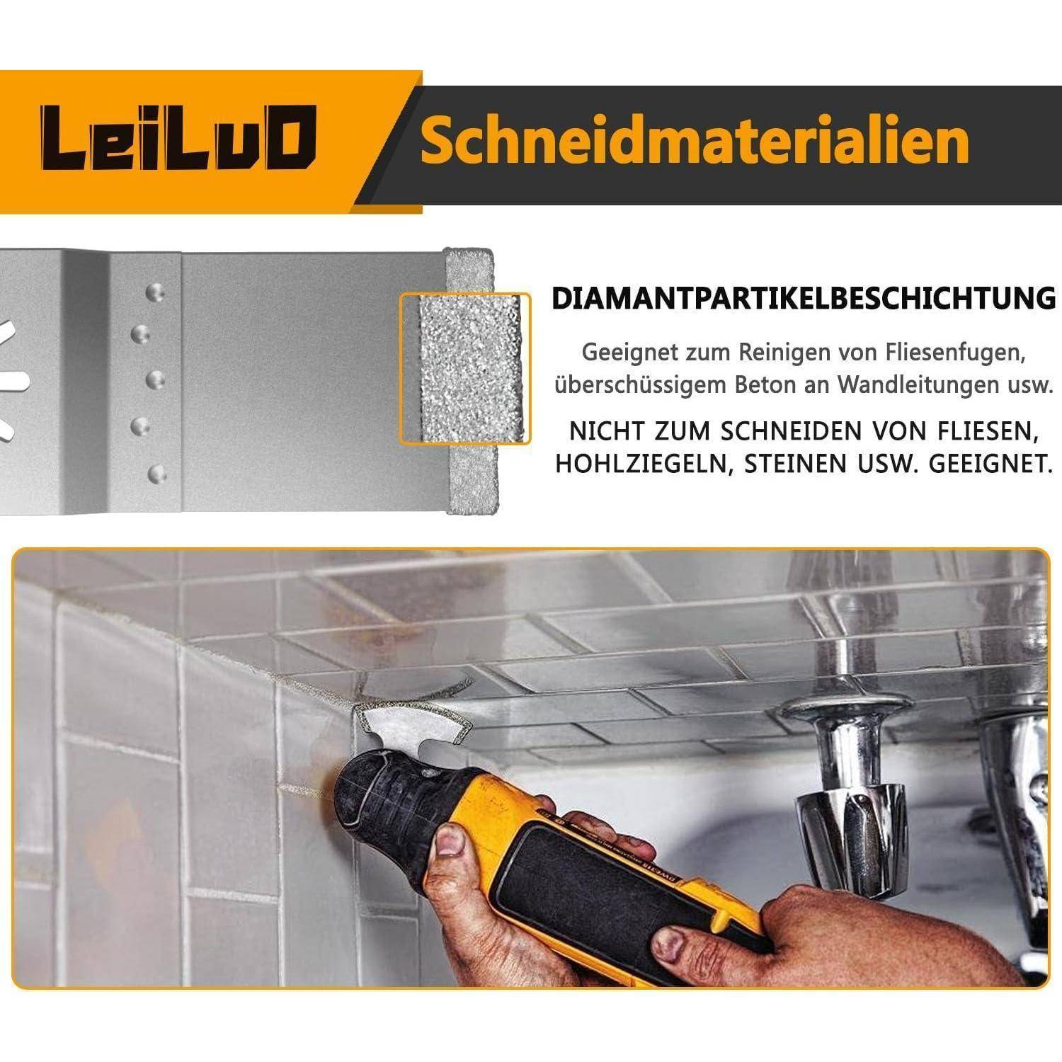 Schneidmaterial-Anzeige für LeiLuD. Verfügt über Diamantpartikel-Beschichtungen zur Fugenreinigung, nicht geeignet zum Schneiden von Fliesen oder ähnlichen Materialien.