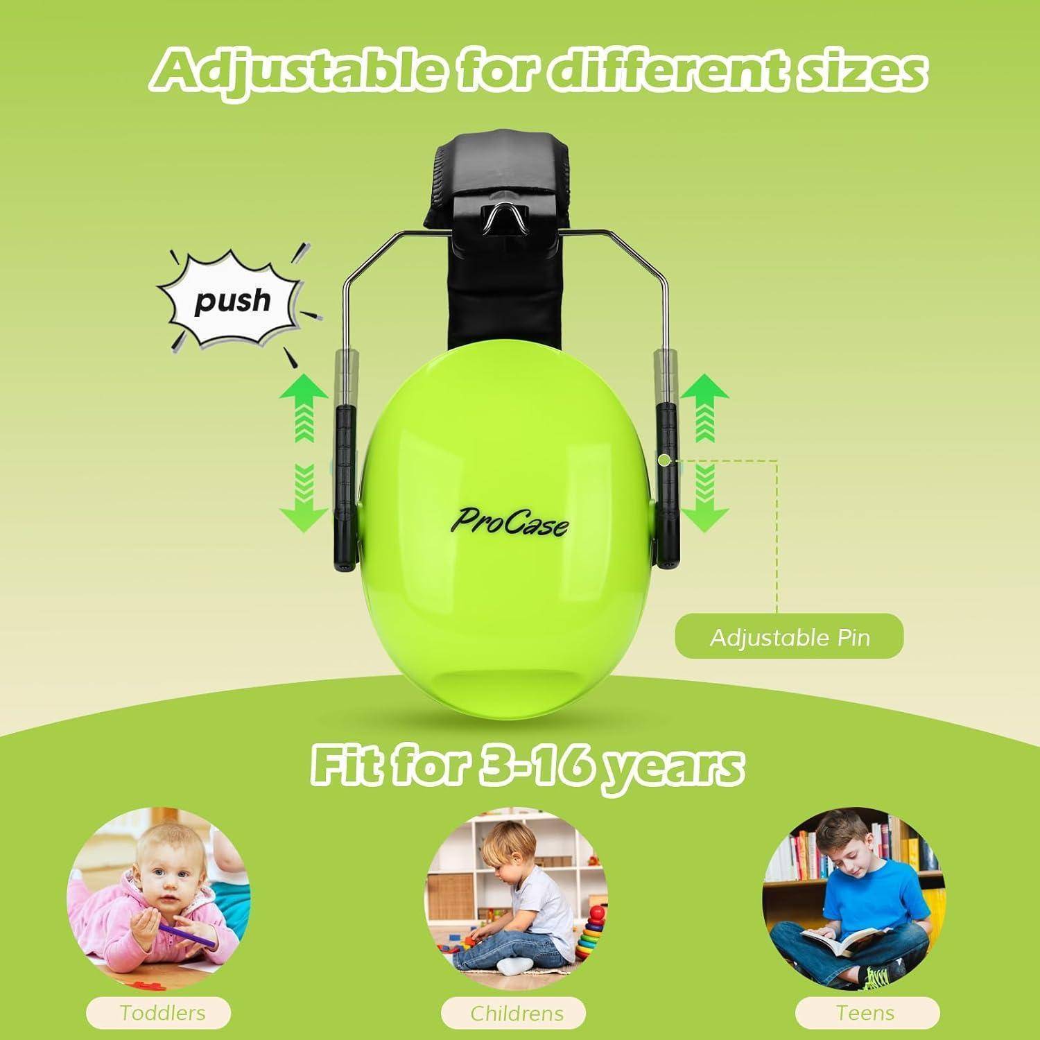 Hellgrüne, verstellbare Gehörschützer von 'ProCase' mit der Aufschrift 'Verstellbar für verschiedene Größen' und 'Geeignet für 3-16 Jahre.