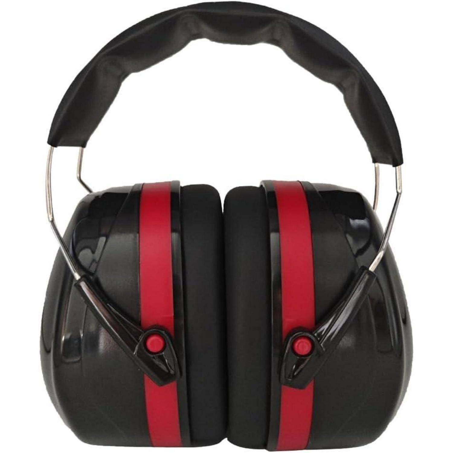 Schwarze und rote Lärmschutz-Gehörschützer mit Geräuschunterdrückung, ausgestattet mit gepolsterten Ohrmuscheln und verstellbarem Kopfbügel.