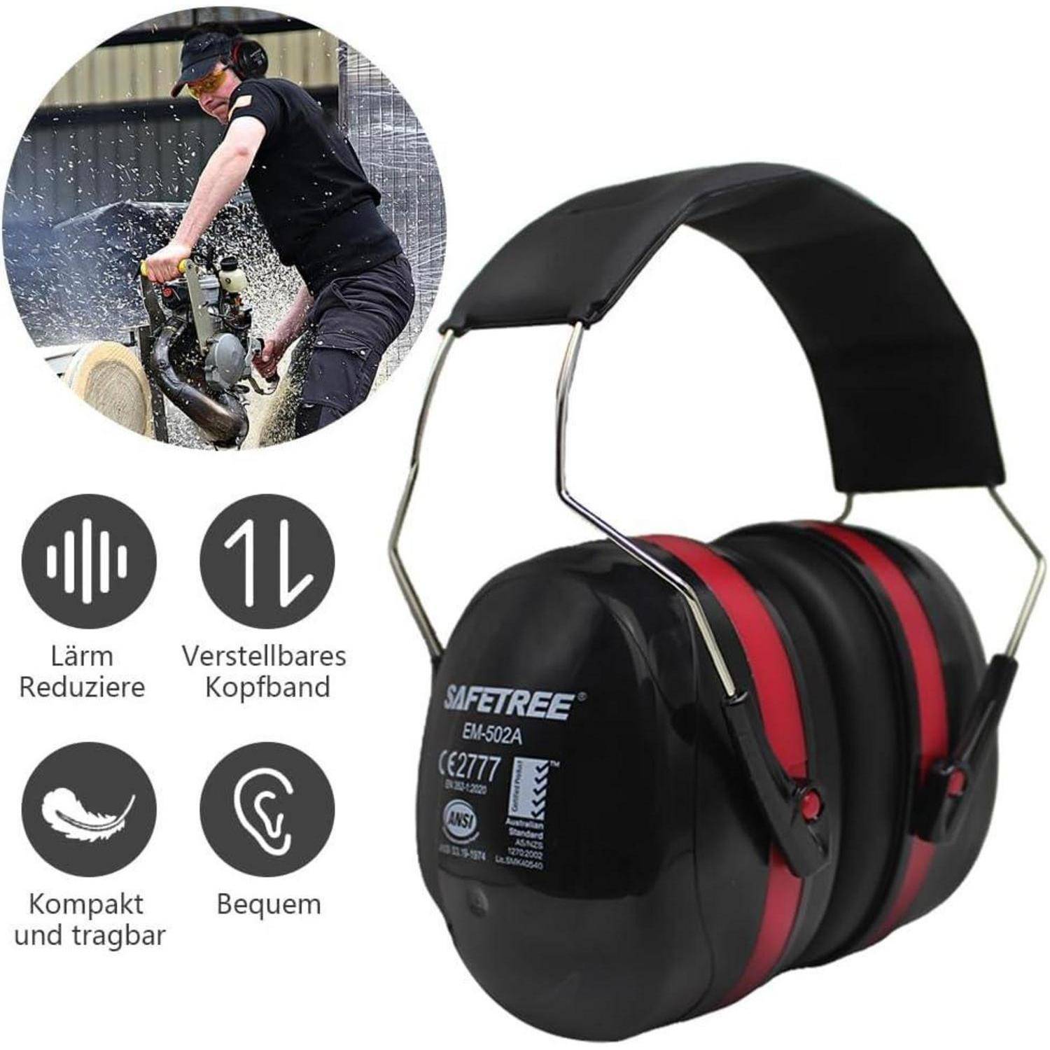 Earmuff'-Marken-Gehörschutz mit verstellbarem Kopfband. Funktionen umfassen Lärmreduzierung und komfortable Gestaltung. Abbildung zeigt Person beim Einsatz einer Kettensäge.