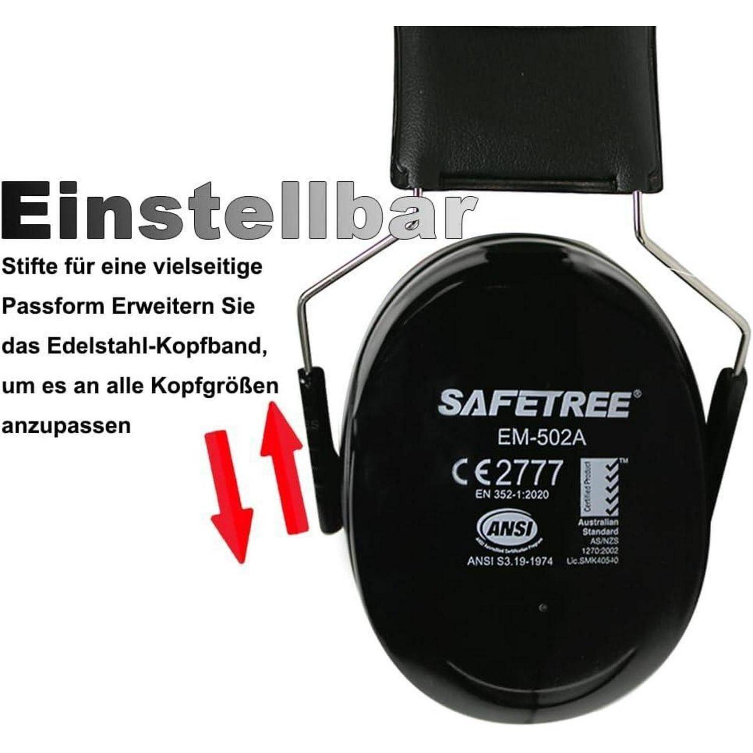 Die Gehörschutzgehörschützer 'SAFETREE EM-502A' verfügen über einen verstellbaren Bügel aus Edelstahl, der für einen vielseitigen Sitz entwickelt wurde und alle Kopfgrößen berücksichtigt.