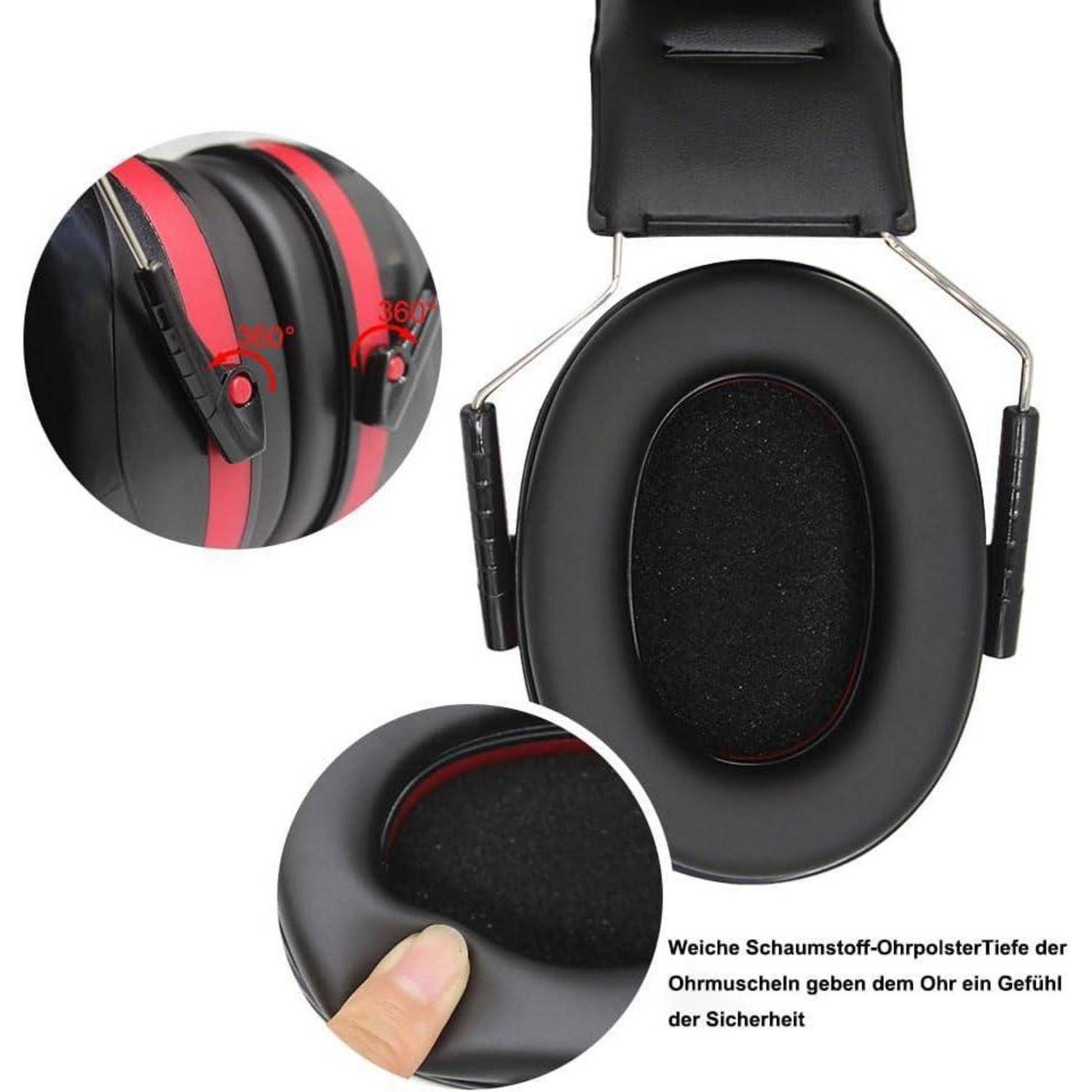 Nahaufnahme von schwarzen und roten Over-Ear-Kopfhörern mit einem Bild, das die Polsterung vergrößert und deren Komfort und sicheren Sitz hervorhebt. Deutscher Text weist auf Sicherheit hin.