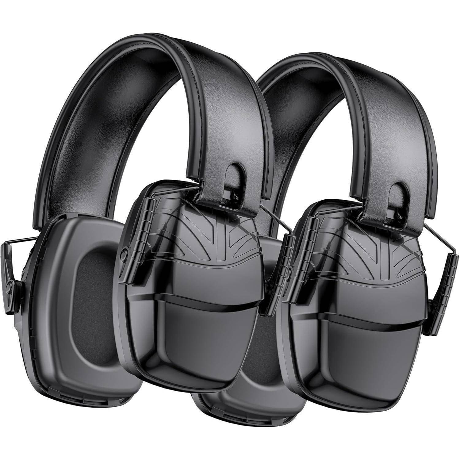 Zwei Paare schwarzer Noise-Canceling-Kapselgehörschützer mit verstellbaren Kopfbügeln, entwickelt zum Schutz der Ohren vor lauten Geräuschen.