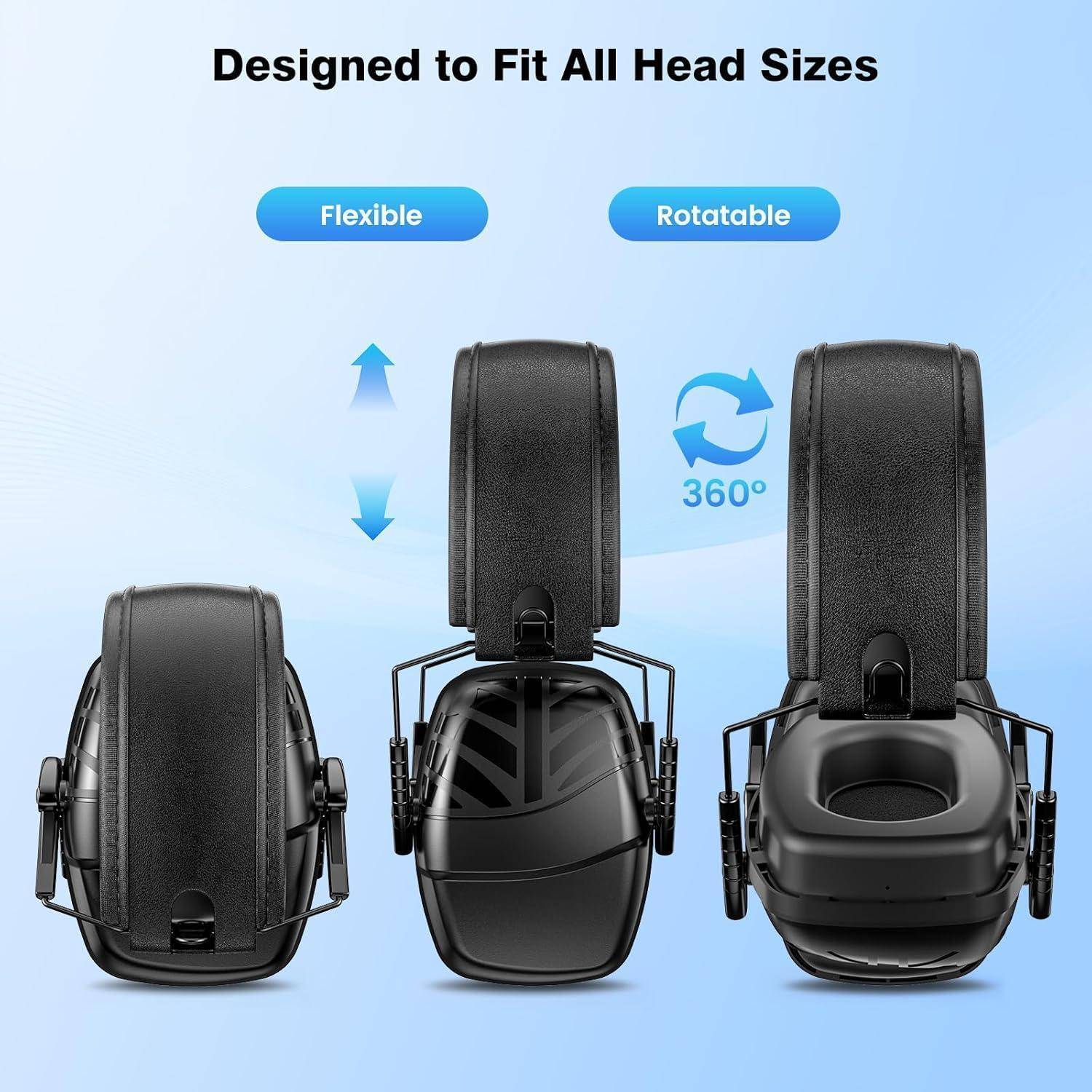 Drei Sätze schwarzer Kopfhörer werden gezeigt, die 'Flexible' und 'Rotatable' Eigenschaften demonstrieren. Text darüber liest sich: 'Entwickelt, um allen Kopfgrößen zu passen'.