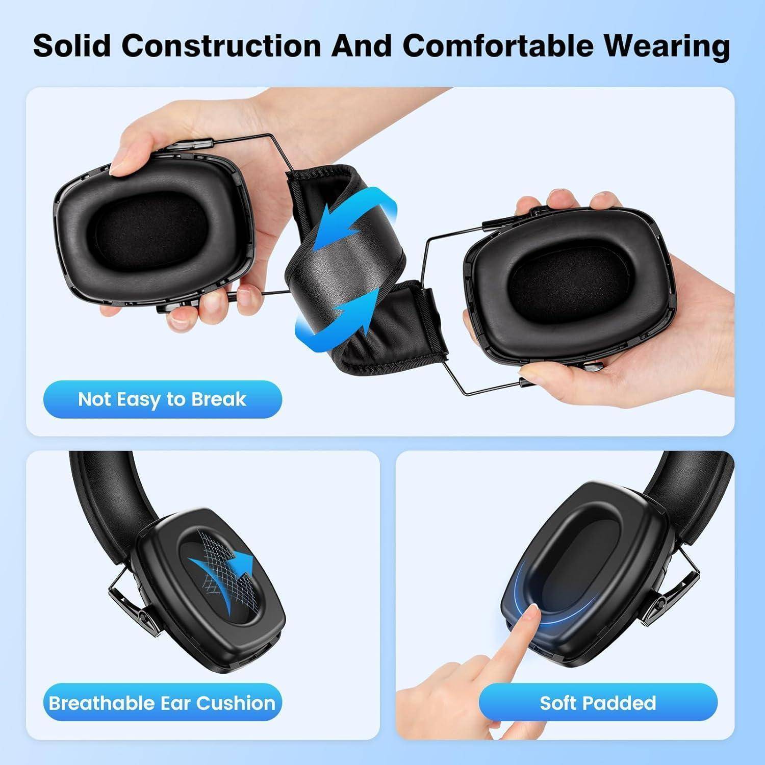 Hände, die schwarze Kopfhörer justieren, mit Text: Robuste Konstruktion und bequemes Tragen. Nicht leicht zu beschädigen. Atmungsaktive Ohrpolster. Weich gepolstert.
