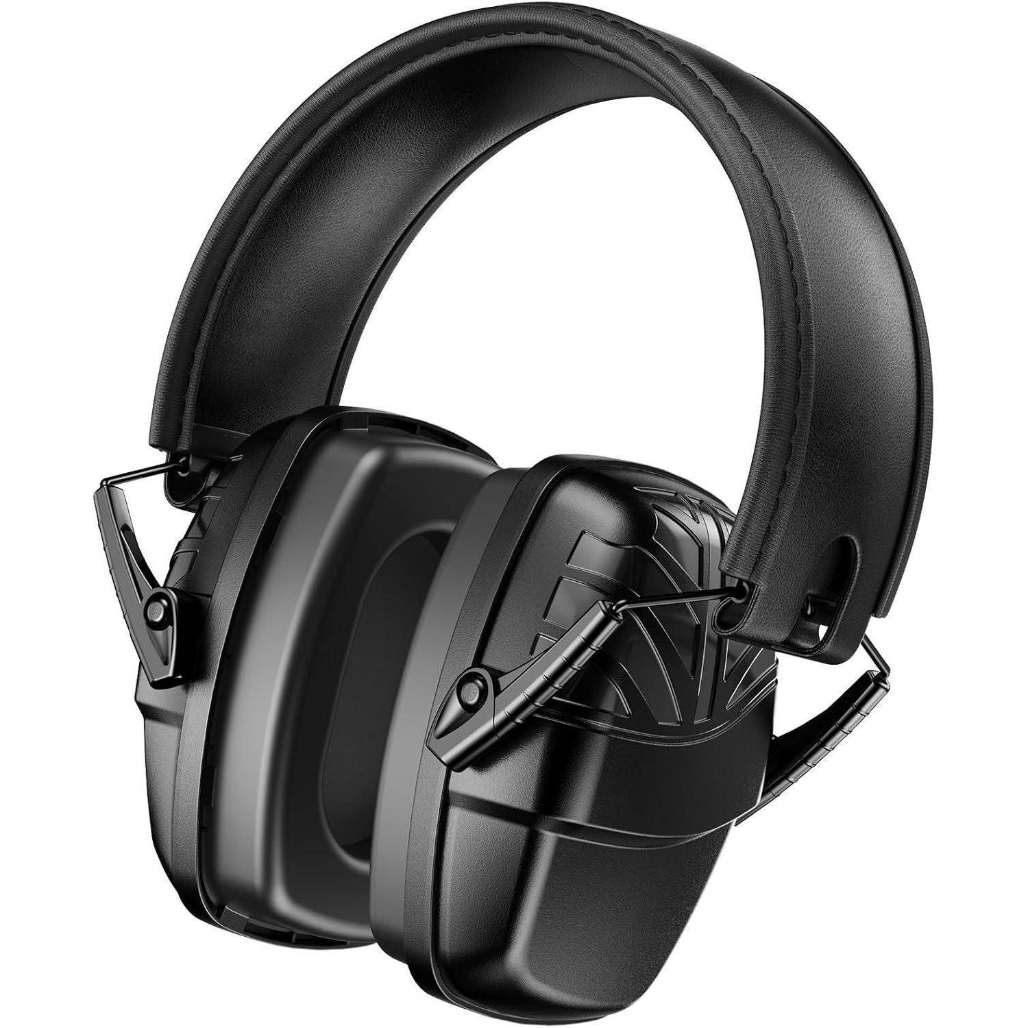 Schwarze Over-Ear-Kopfhörer mit gepolstertem Bügel und verstellbaren Scharnieren, entwickelt für Geräuschisolierung.