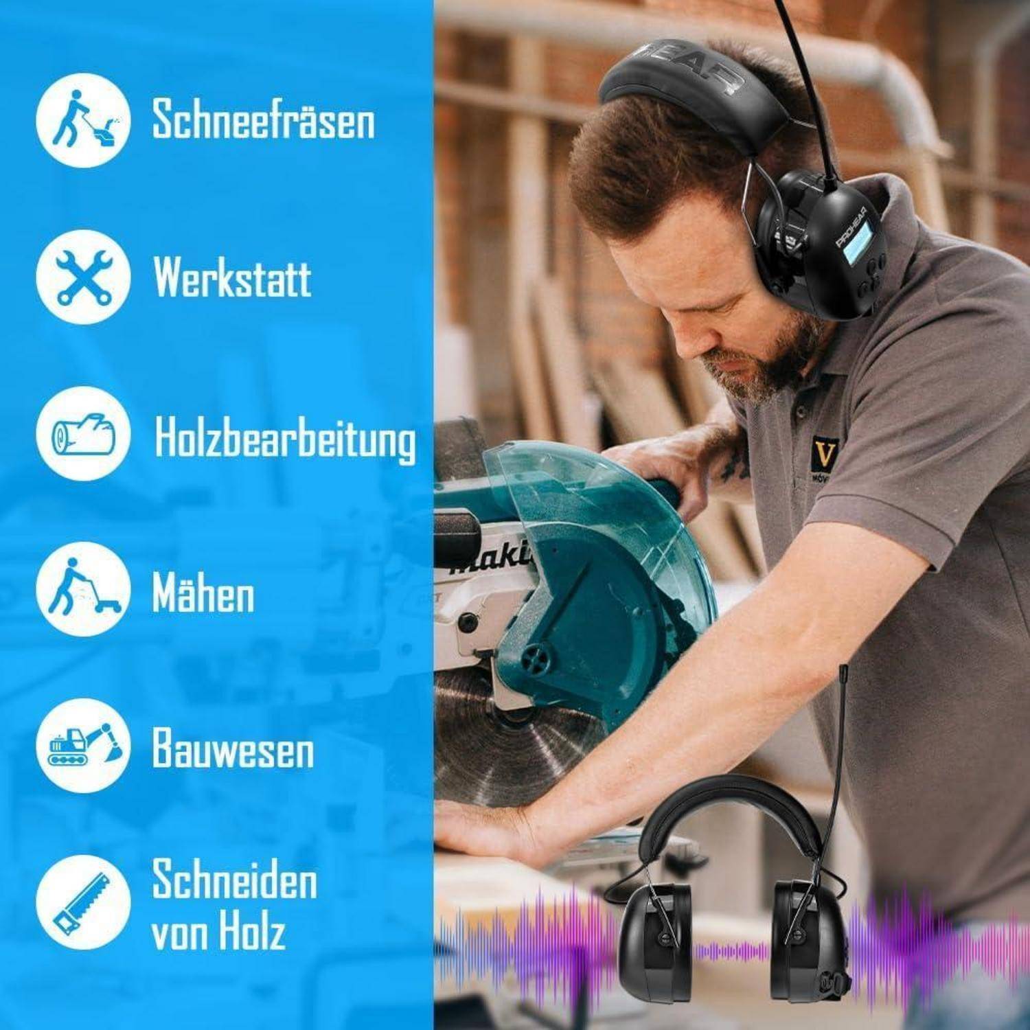 Ein Mann, der in einer Werkstatt eine Säge benutzt und Gehörschutz trägt. Symbole auf der linken Seite listen Aktivitäten auf: 'Schneefräsen, Werkstatt, Holzbearbeitung, Mähen, Bauwesen, Schneiden von Holz'.