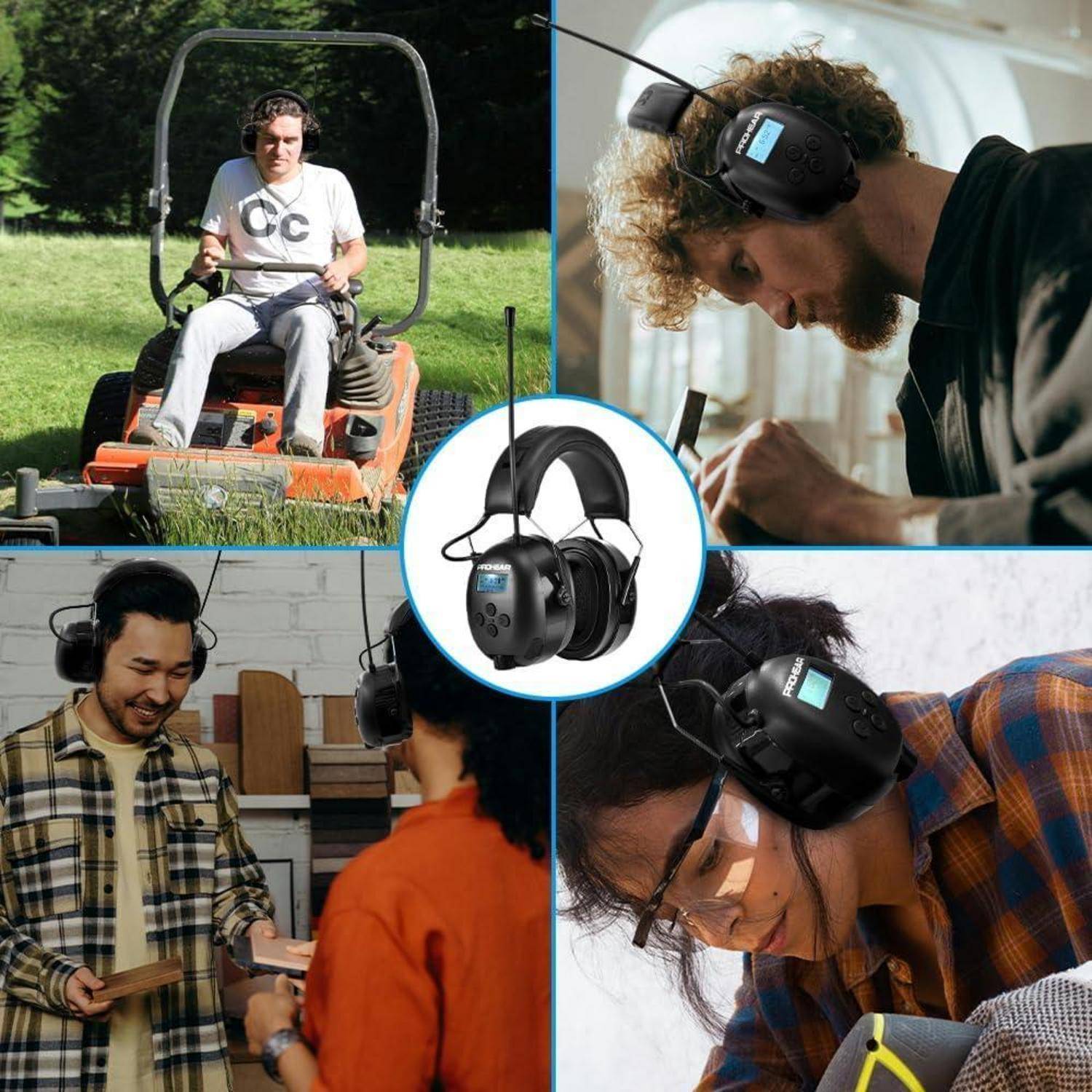 Eine Collage, die Personen mit Ohrenschützern bei verschiedenen Aktivitäten zeigt: Rasenmähen, Holzarbeiten und Unterhalten. Das zentrale Bild konzentriert sich auf elektronische Ohrenschützer.