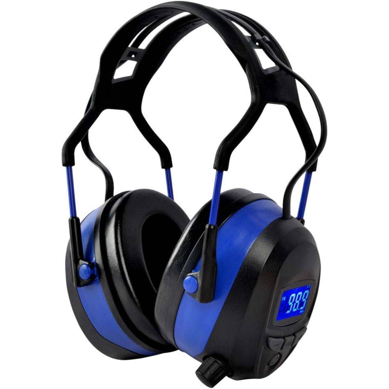 Aktive Noise-Cancelling-Kopfhörer mit verstellbarem Kopfbügel, in blau-schwarzem Design, ausgestattet mit einem integrierten digitalen Display auf der Ohrmuschel.