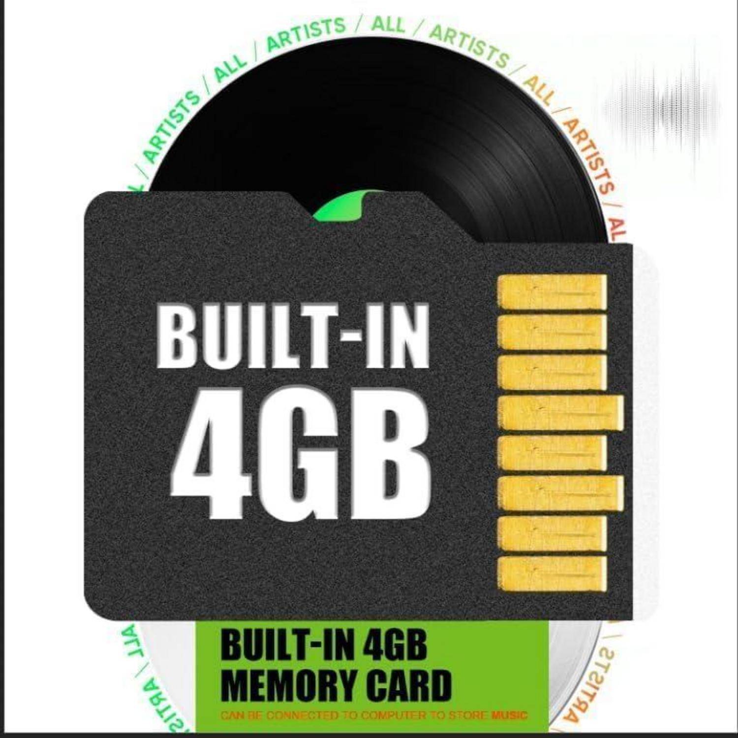 Eingebaute 4-GB-Speicherkarte auf einer Grafik einer Speicherkarte, die eine Schallplatte überlagert, mit dem Text 'Artists All' entlang des Randes.