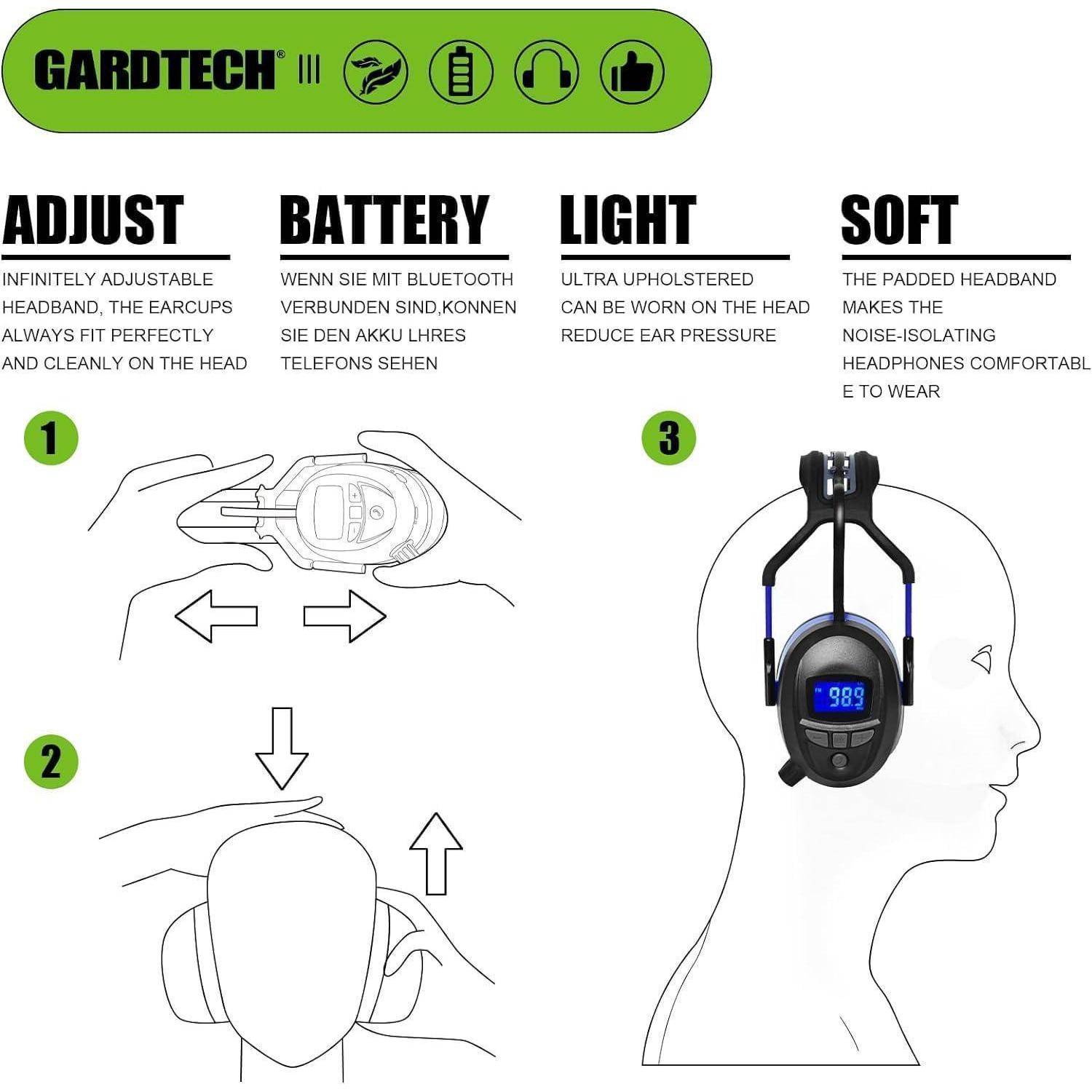 GARDTECH Kopfhörer mit Funktionen: einstellbarer Kopfbügel, Bluetooth-Akkuanzeige, Ultra-Polsterung, weiche Geräuschisolierung.