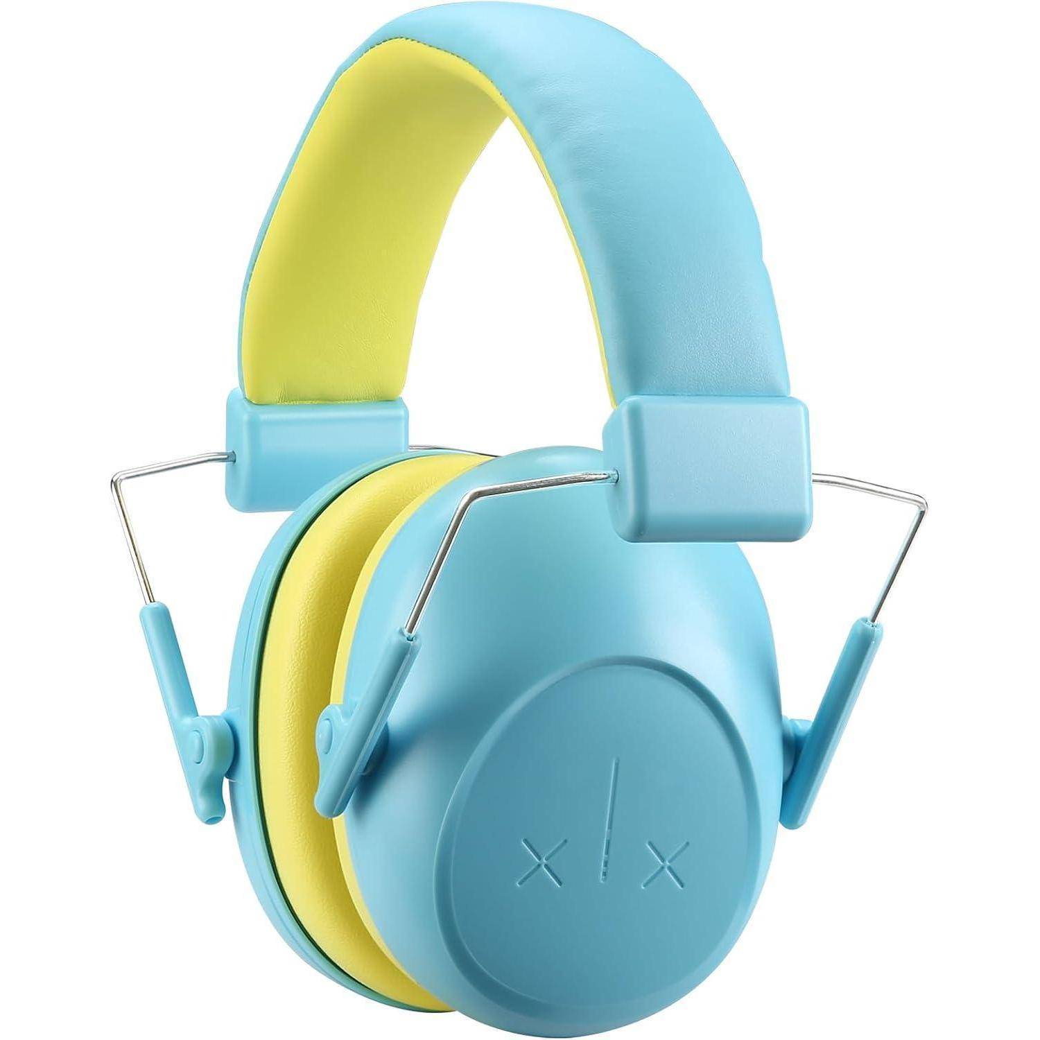 Blau-gelbe Over-Ear-Kopfhörer mit gepolstertem Kopfbügel und schlichtem Design, die eine verspielt-farbenfrohe Ästhetik ausstrahlen.