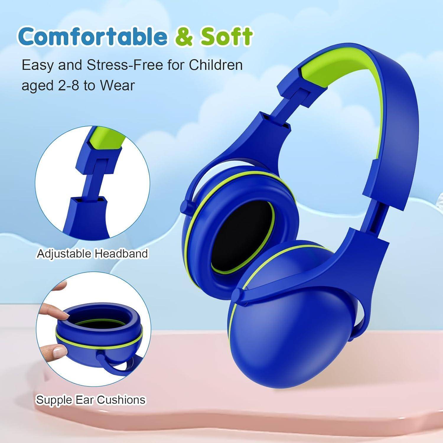 Blaue und grüne Kinderkopfhörer mit verstellbarem Kopfbügel und weichen Ohrpolstern, speziell für Kinder im Alter von 2-8 Jahren entwickelt und auf Komfort ausgelegt.