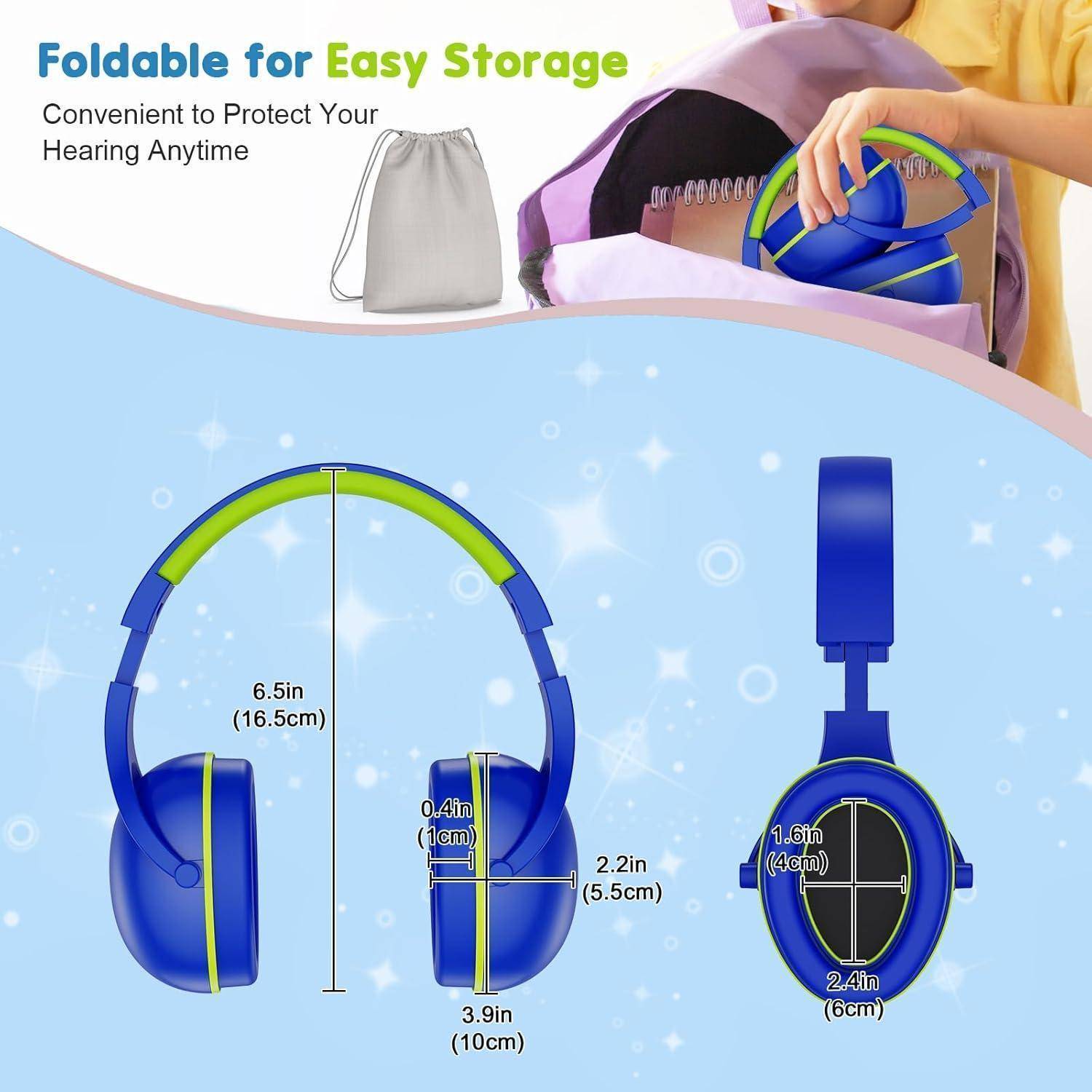 Faltbare Kinderkopfhörer für einfache Aufbewahrung mit Maßen: 6,5 Zoll Höhe, 3 Zoll Tiefe, 9,2 Zoll Breite; inklusive Aufbewahrungsbeutel.