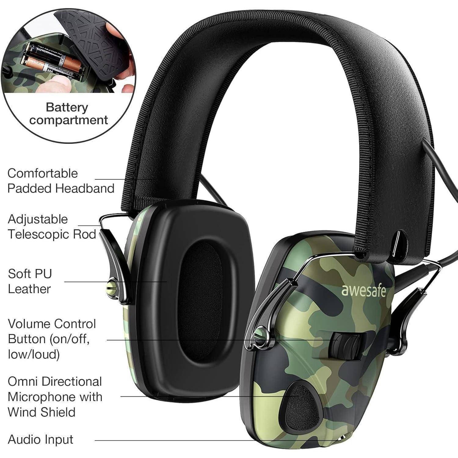 Tarnmuster-Gehörschutz mit verstellbarem Kopfband, Teleskopstange, Lautstärkeregelungsknopf, Rundum-Mikrofon und Audioeingangsbuchse. Sichtbares Batteriefach.