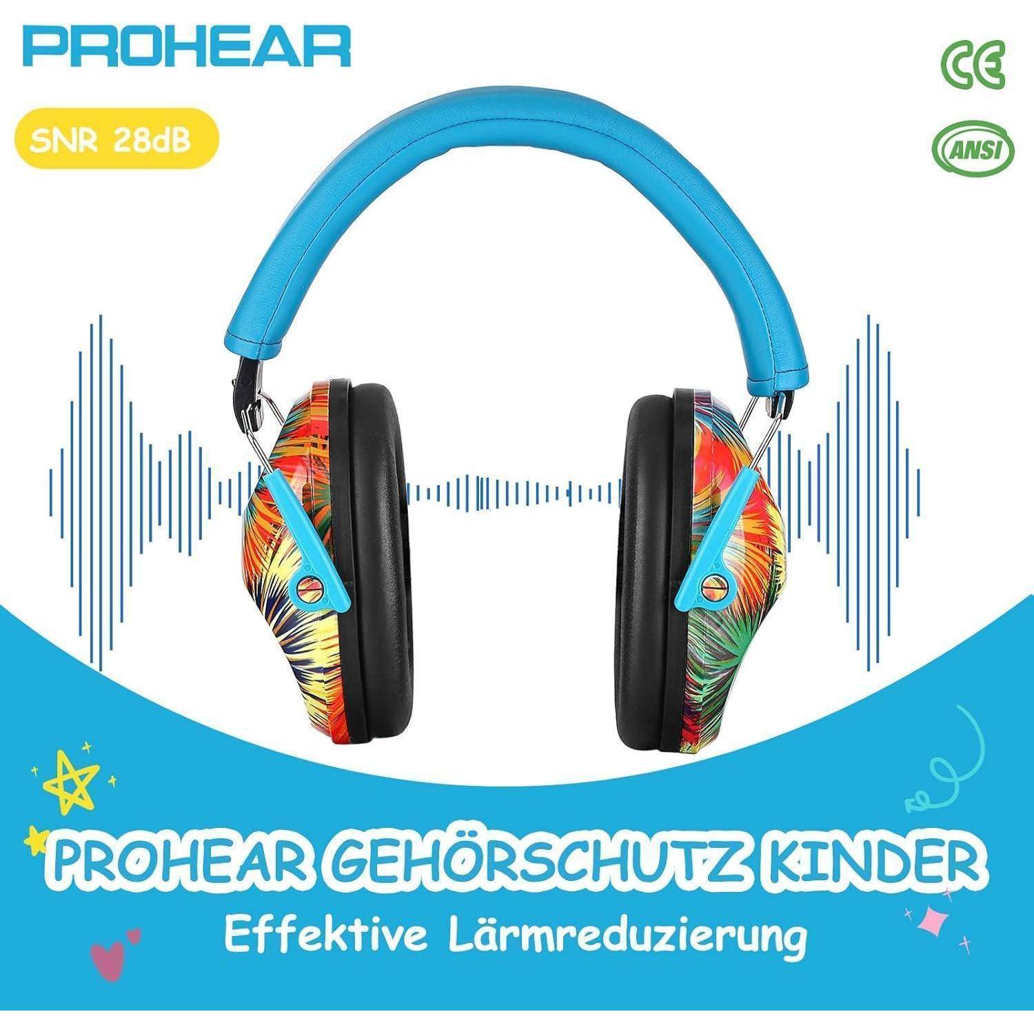 Kinderkopfhörer mit buntem Design, gekennzeichnet als 'PROHEAR GEHÖRSCHUTZ KINDER' und 'Effektive Lärmreduzierung', mit SNR 28dB Bewertung.