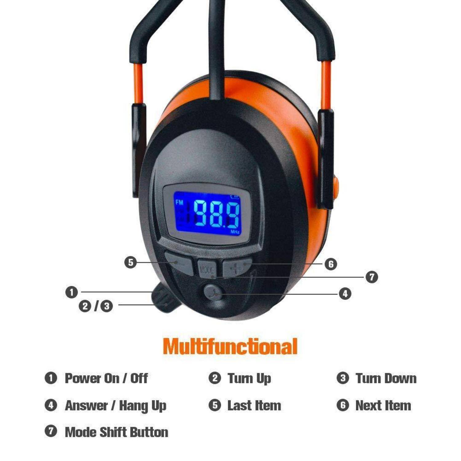 Kopfhörer mit orange-schwarzem Design haben einen digitalen Bildschirm, der ‚89.9' anzeigt. Zu den Funktionen gehören Tasten für Ein/Aus, Lautstärke und Funktionen.
