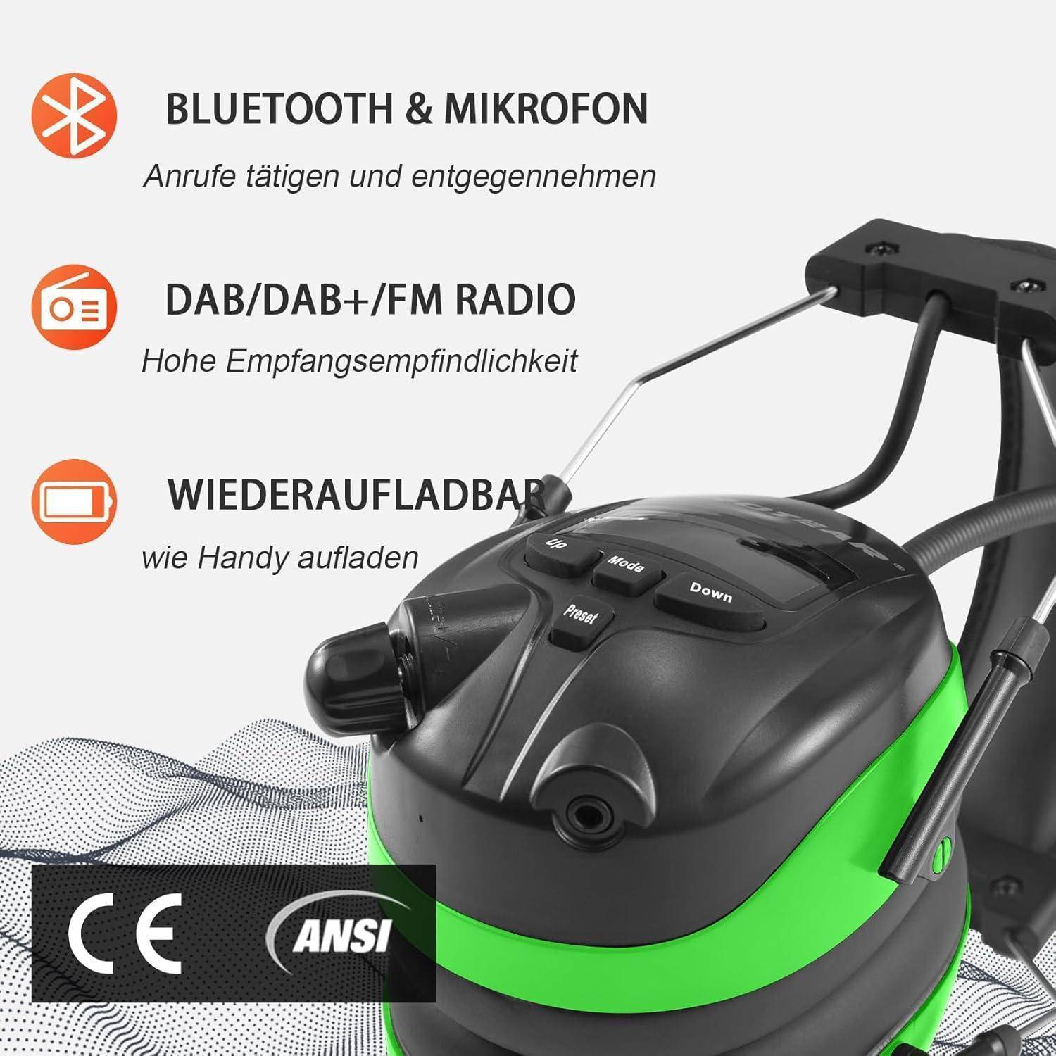 Ein kabelloser Staubsauger mit Bluetooth, Mikrofon, DAB/FM-Radio und wiederaufladbaren Funktionen, gekennzeichnet mit CE- und ANSI-Zertifizierungen.