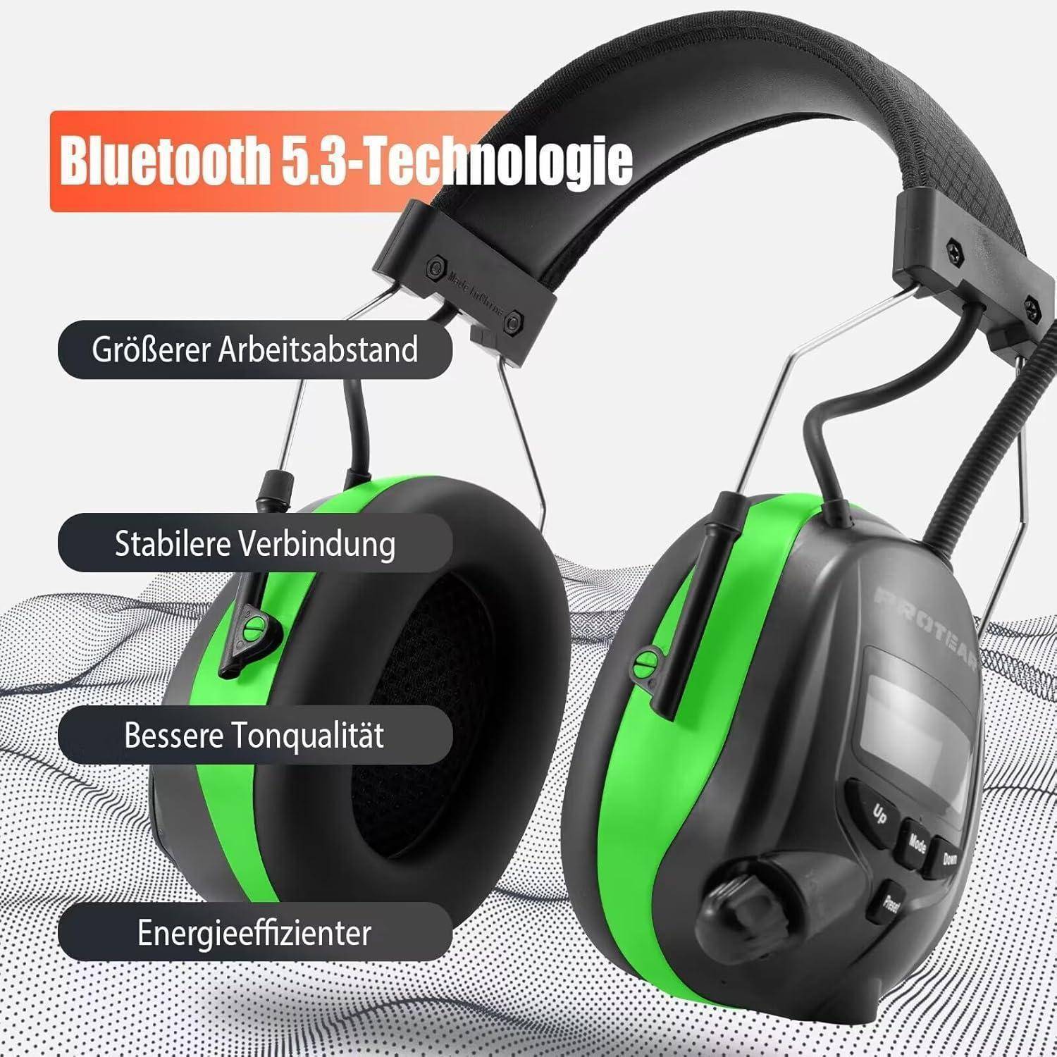 Grüne und schwarze kabellose Kopfhörer mit Präsentation der 'Bluetooth 5.3-Technologie' mit aufgelisteten Eigenschaften: größere Reichweite, stabile Verbindung, bessere Klangqualität, energieeffizient.