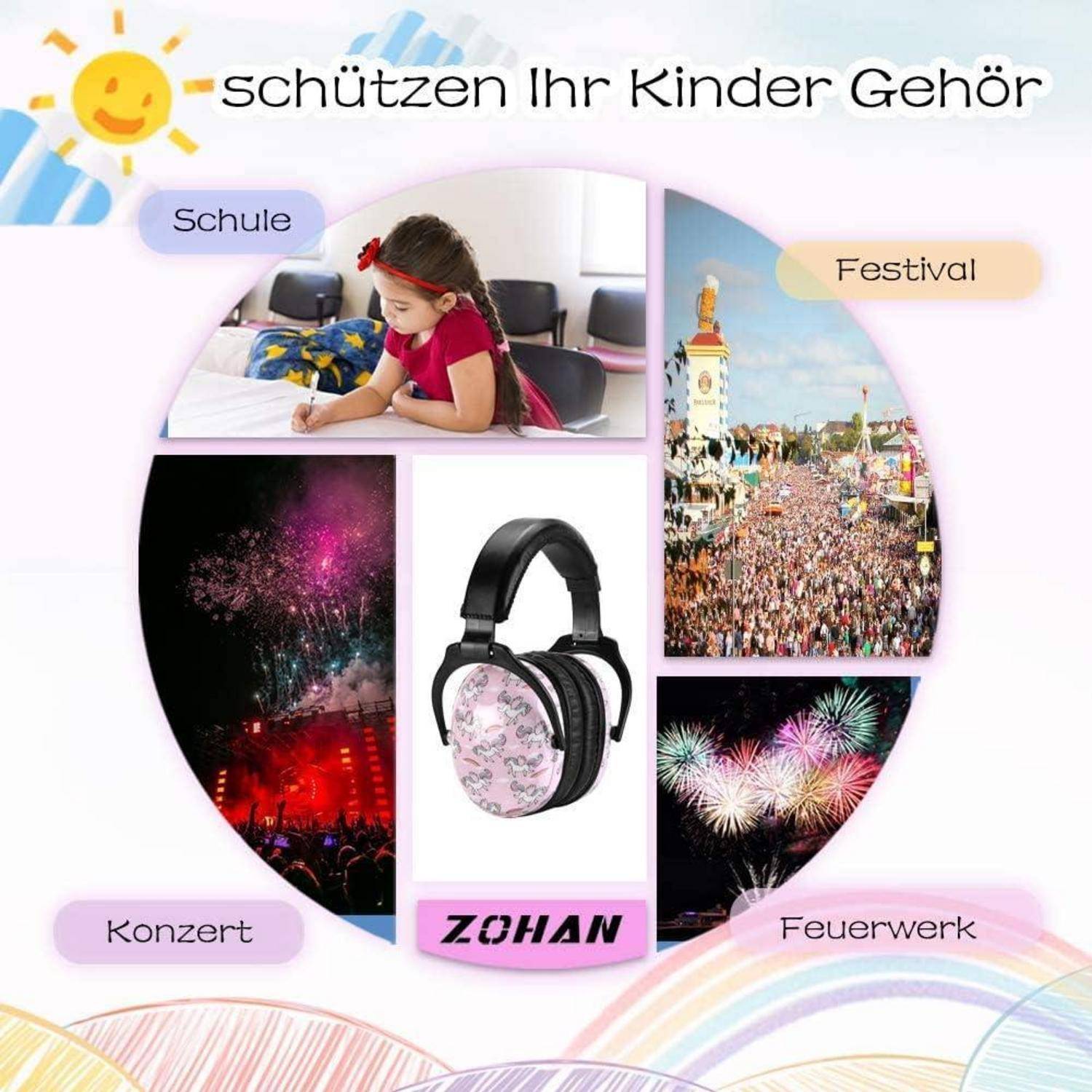Gehörschutz für Kinder mit Beispielen: Schule, Festival, Konzert, Feuerwerk. Zentrales Bild von dekorativen Ohrenschützern.