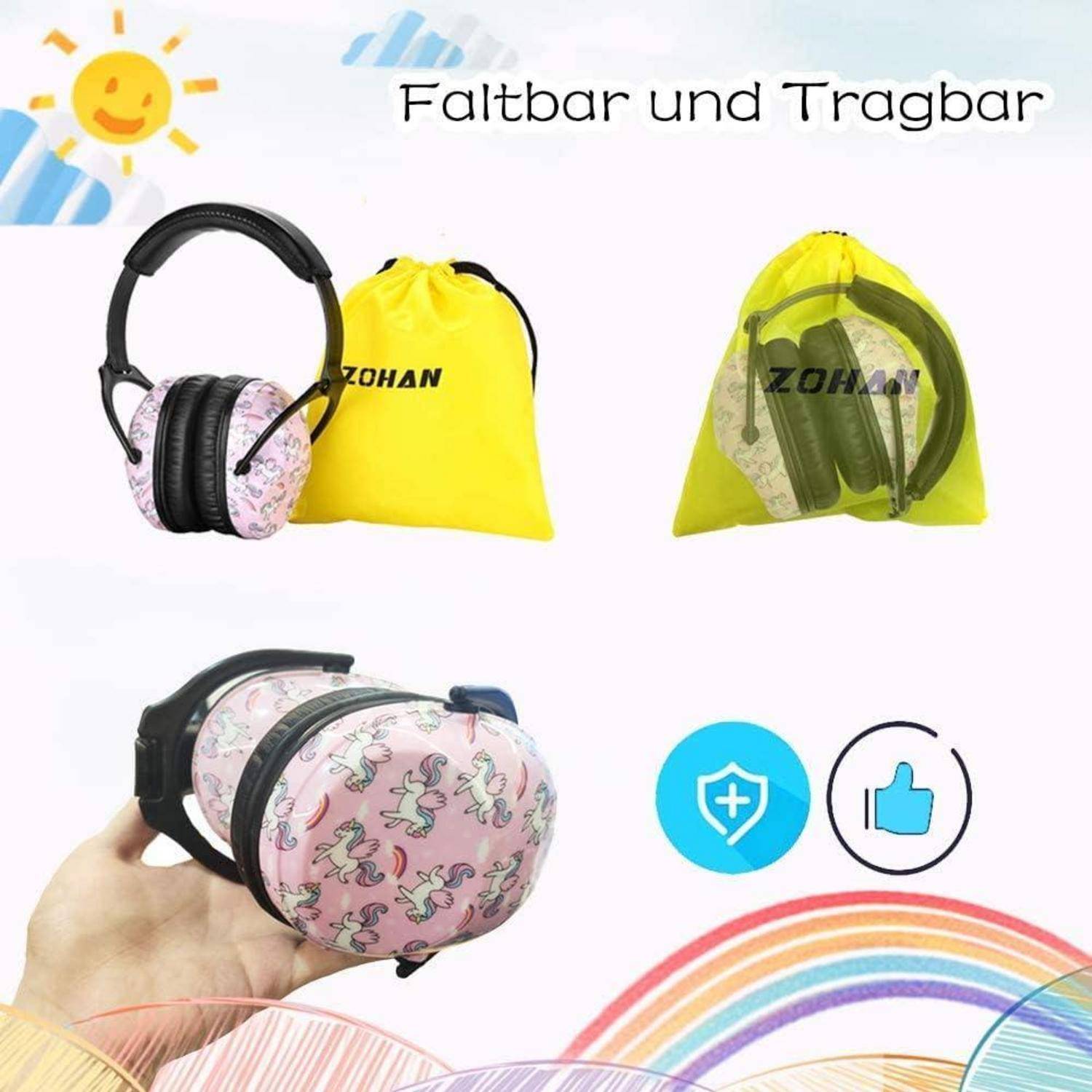 Faltbare und tragbare Kopfhörer mit Einhorn-Design, in der Hand gehalten und in einem gelben Beutel verstaut. Eigenschaften umfassen Geräuschreduzierung.