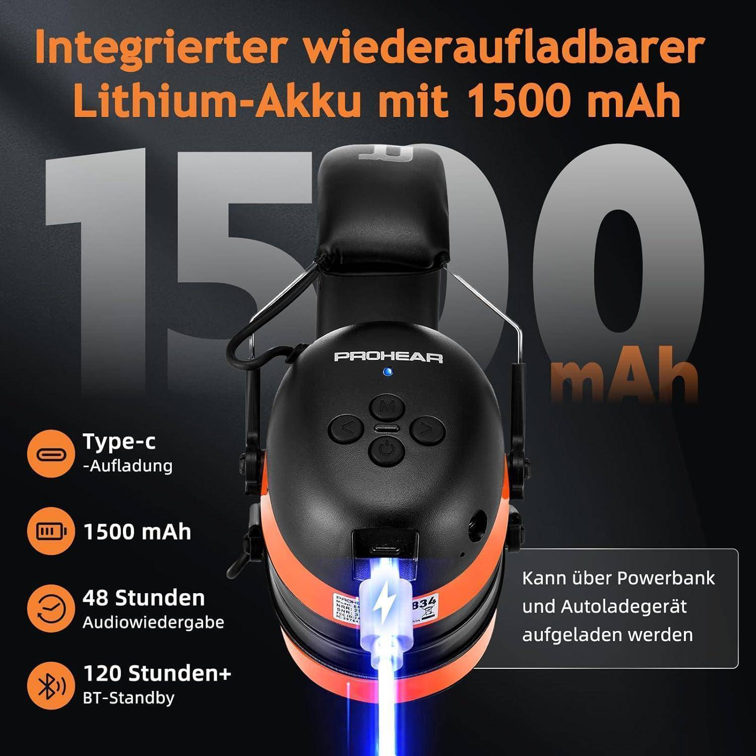 Gehörschutz Bluetooth Kopfhörer Mikrofon SNR30dB NRR25dB Orange Gel