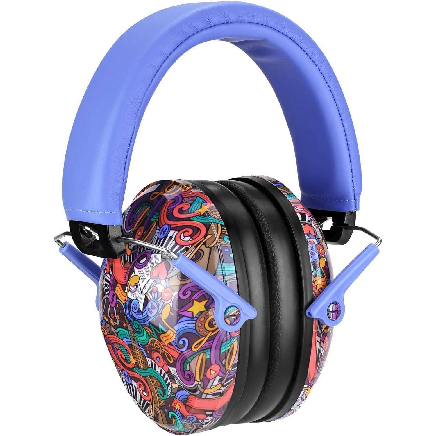 Bunte Over-Ear-Kopfhörer mit abstraktem Muster und lila Kopfbügel.