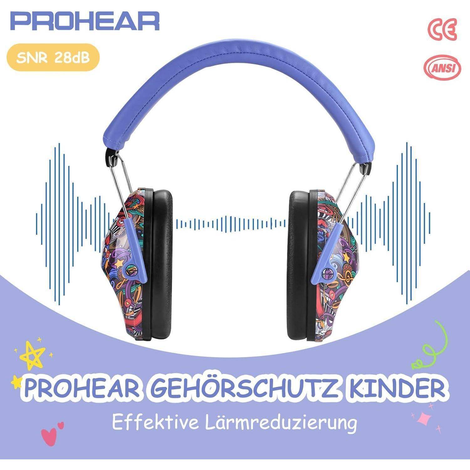 Kinderkopfhörer mit blauem Band, bunten Ohrmuscheln. Text: 'PROHEAR Kinder-Gehörschutz', 'Effektive Lärmreduzierung', 'SNR 28dB'.