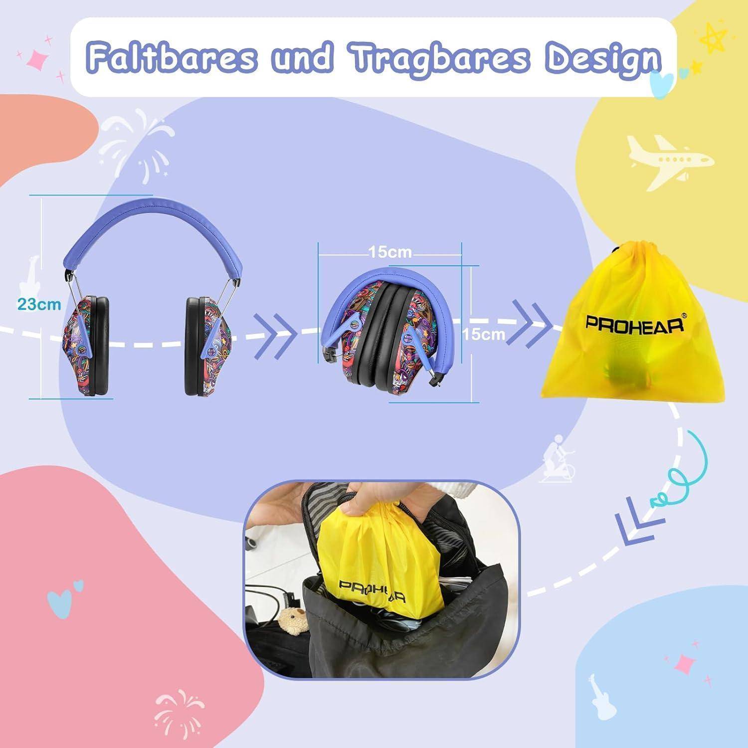 Faltbares und tragbares Design' - Die Illustration zeigt Kopfhörer, die sich von 23 cm auf 15 cm zusammenfalten lassen und in eine gelbe 'PROHEAR' Tasche passen, die problemlos in eine Tasche passt.
