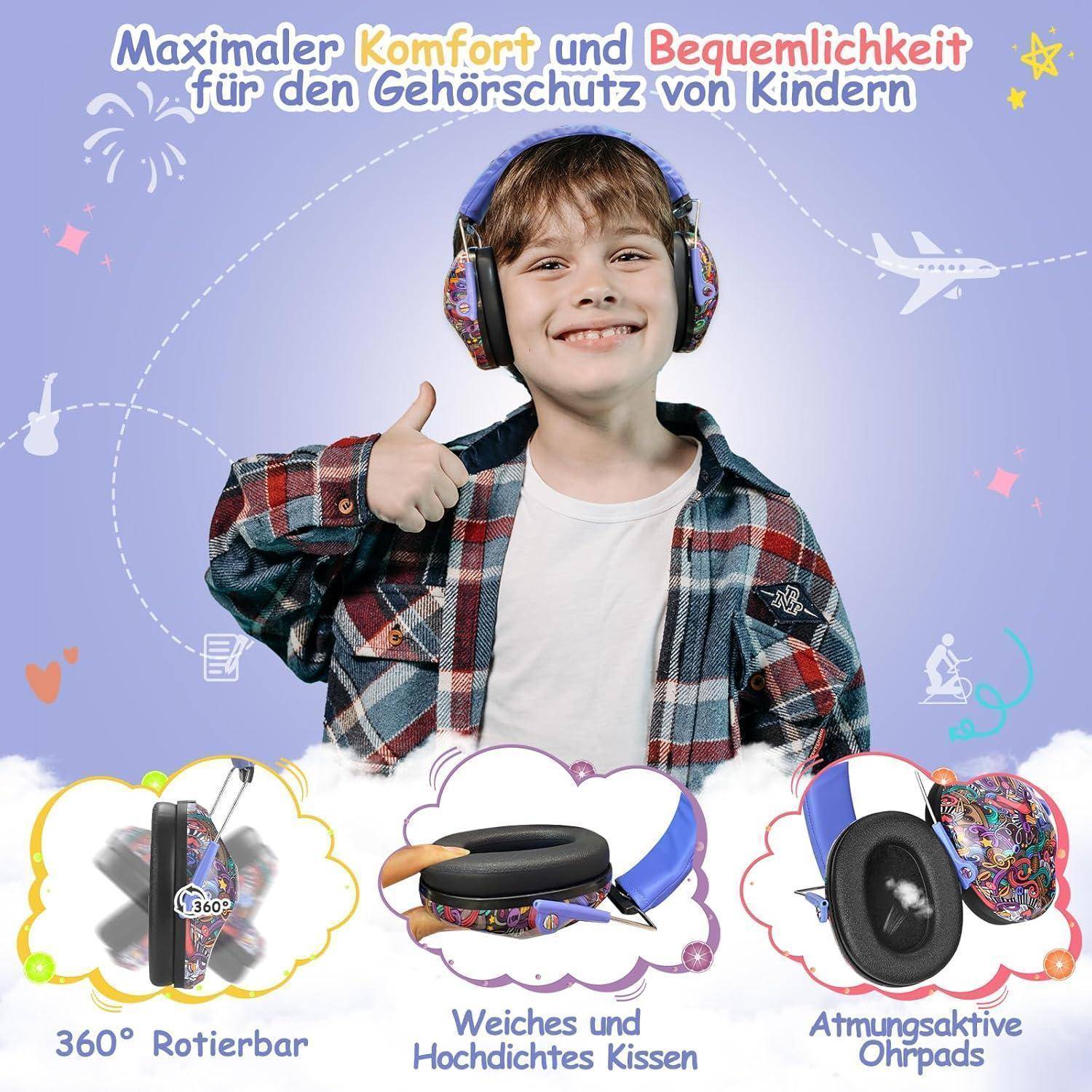 Ein lächelndes Kind trägt bunte Kopfhörer. Text auf Deutsch betont Komfort und Gehörschutz für Kinder. Merkmale umfassen 360°-Drehung, weiche Polster und atmungsaktive Ohrmuscheln.