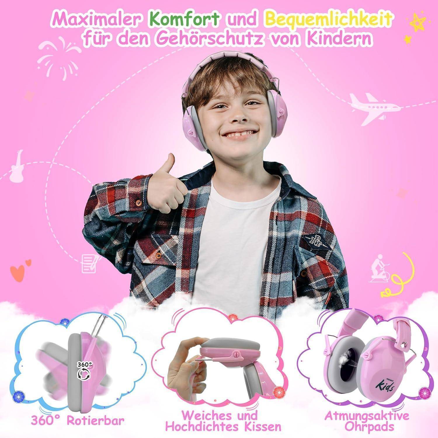 Ein kleines Kind trägt rosa Kopfhörer und lächelt vor einem rosa Hintergrund. Der Text hebt die Komfort- und Schutzmerkmale der Kopfhörer hervor.