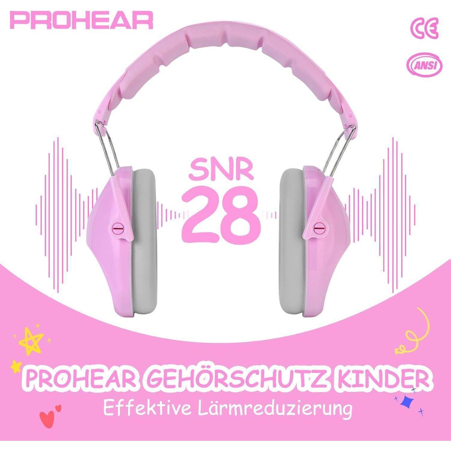 Rosa Kinderkopfhörer mit 'SNR 28' in der Mitte, umgeben von Text 'PROHEAR GEHÖRSCHUTZ KINDER Effektive Lärmreduzierung'.