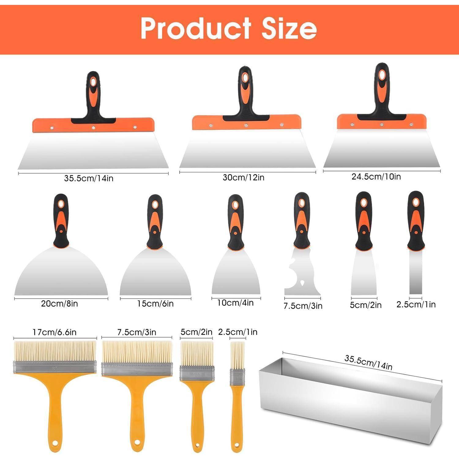 Größentabelle für Produkte mit verschiedenen Schabern, Messern und Werkzeugen, Maße in cm/Zoll. Hauptgrößen: 35,5 cm, 30 cm, 24,5 cm und andere.