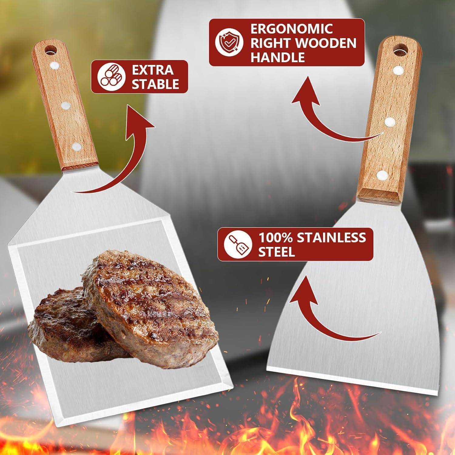 Zwei Pfannenwender mit den Etiketten 'Extra Stabil' und 'Ergonomischer Rechter Holzgriff'; einer hat Burger. Text: '100% Edelstahl'.