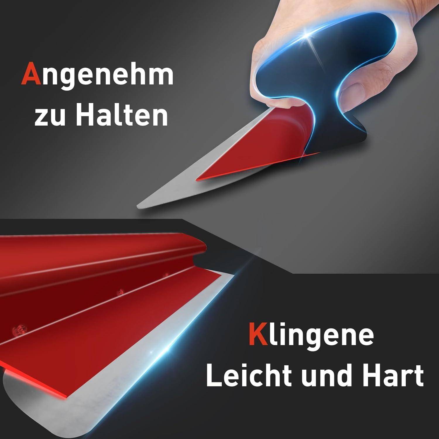 Eine Hand umfasst ein Messer mit leuchtenden Highlights; der Text liest sich „Angenehm zu halten