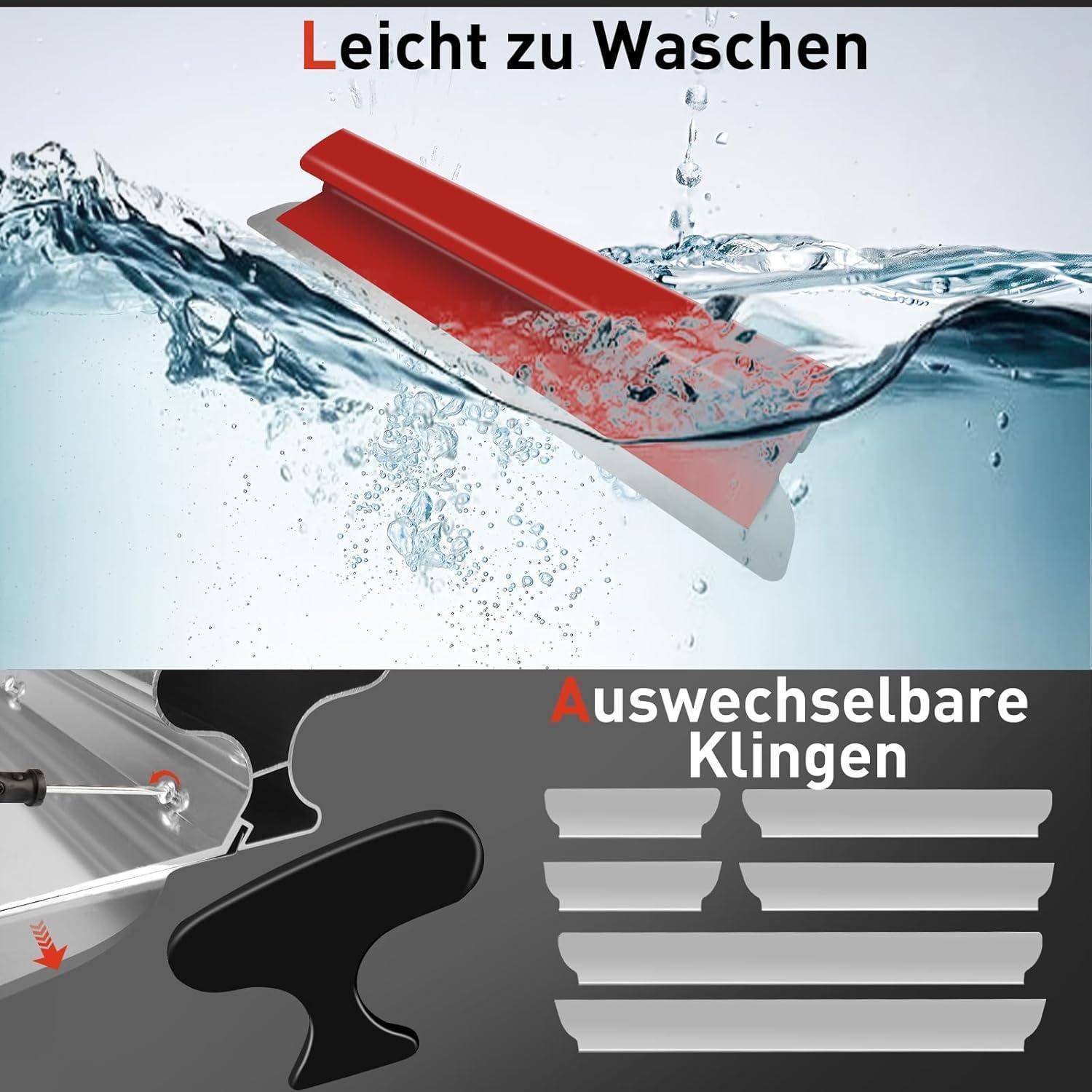 Eine rote und silberne Scheibenwischer, der teilweise im Wasser eingetaucht ist und damit sein leicht zu reinigendes Feature veranschaulicht. Darunter befinden sich auswechselbare Wischerblätter.