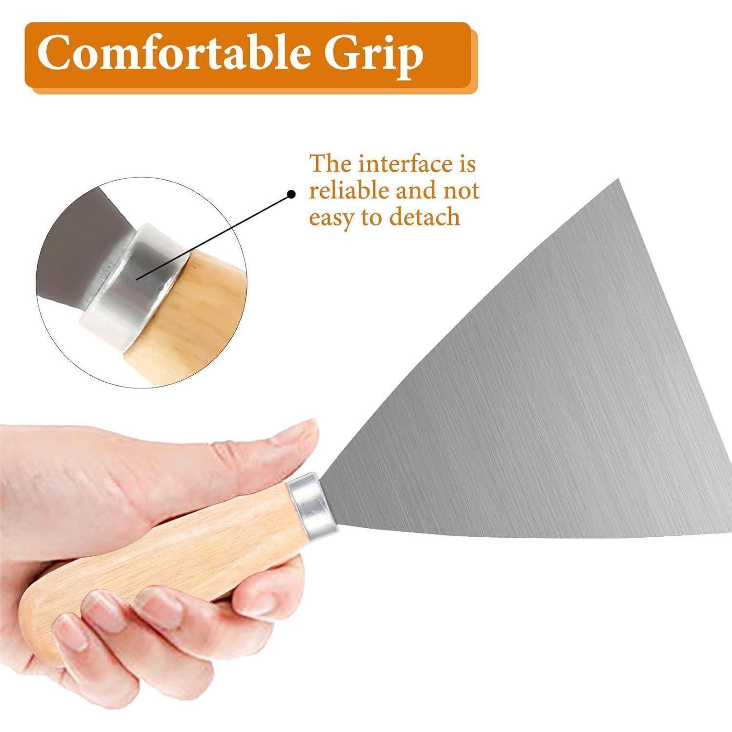 Hand, die ein Werkzeug mit einem Holzgriff und einer Metallklinge hält. Text: 'Komfortabler Griff' und 'Die Schnittstelle ist zuverlässig und nicht leicht zu lösen.