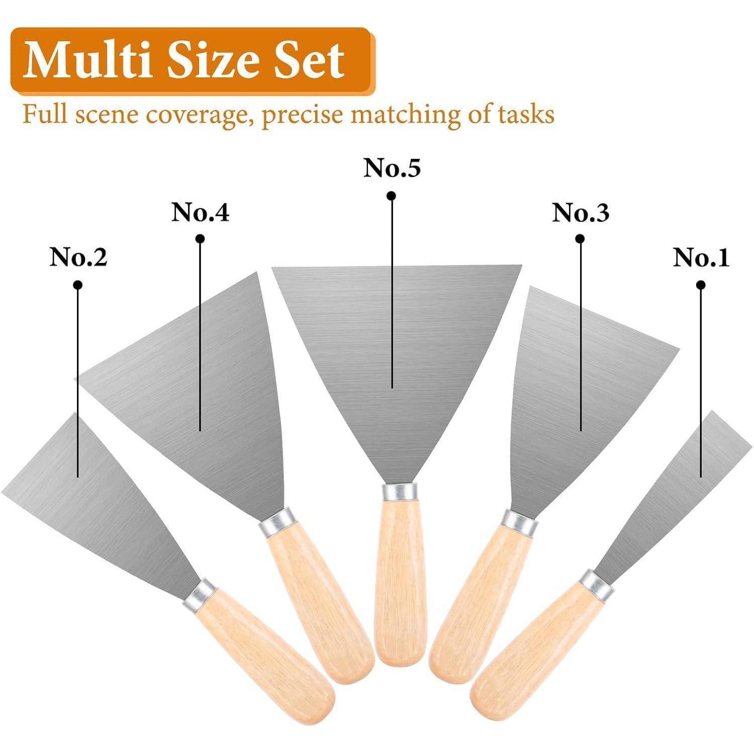 Mehrgröße-Set' über fünf unterschiedlich großen Metallspatel, die von Nr. 1 bis Nr. 5 nummeriert sind, mit Holzgriffen, für präzise Aufgabenzuordnung.