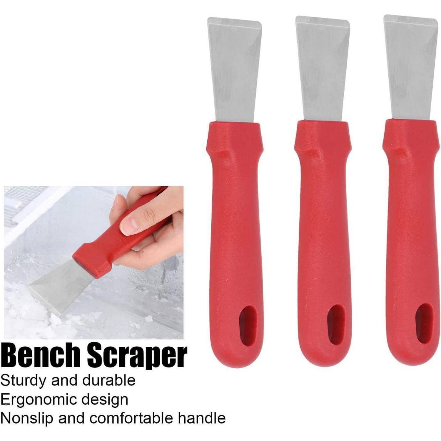 Drei rote Handschaber mit Stahlklingen. Text lautet: ‚Robust und langlebig, ergonomisches Design, rutschfester und bequemer Griff.