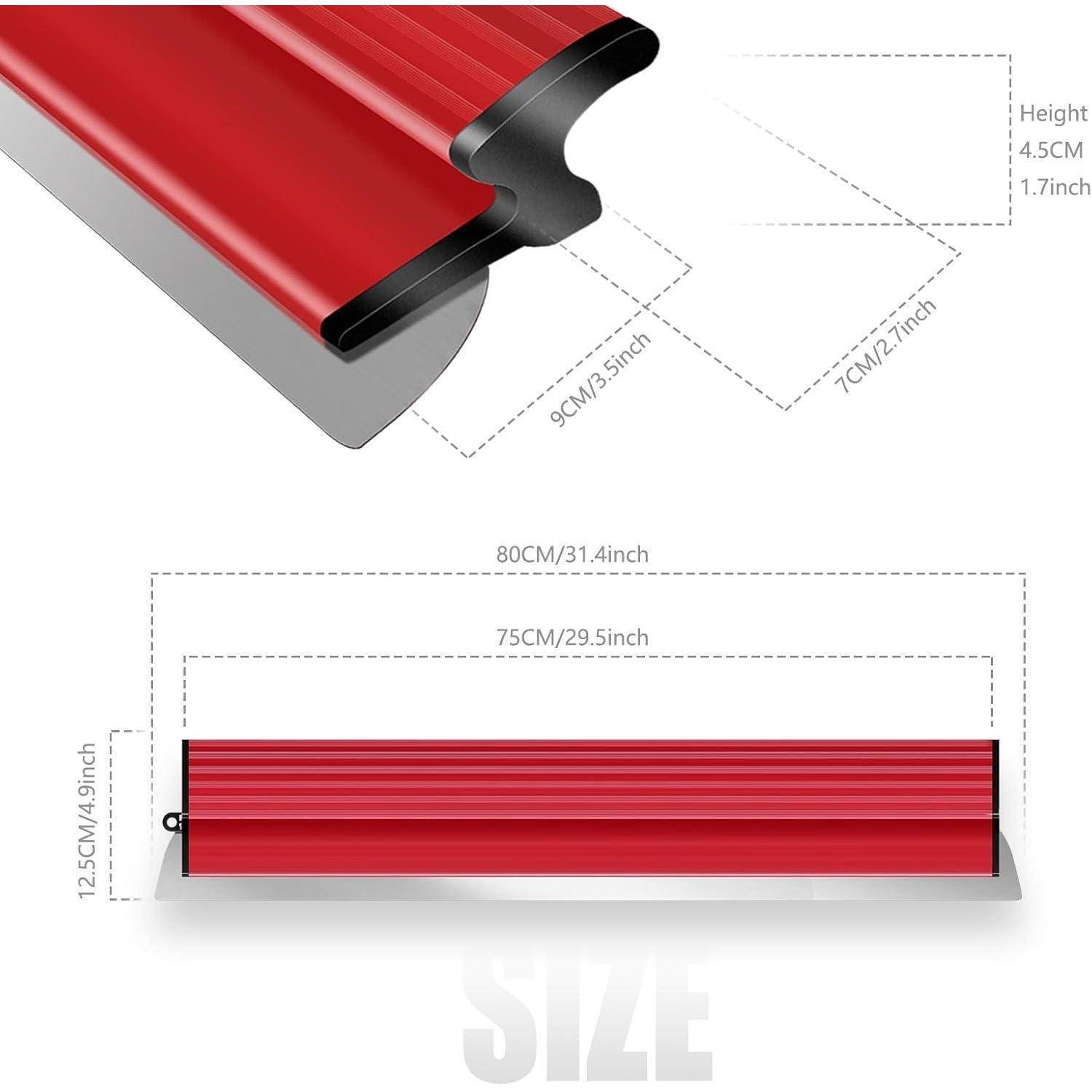 Ein roter Türzugluftdichter, der in Seiten- und Draufsicht mit Maßen gezeigt wird: 80 cm Länge, 12,5 cm Höhe, 4,5 cm Zugluftbreite.