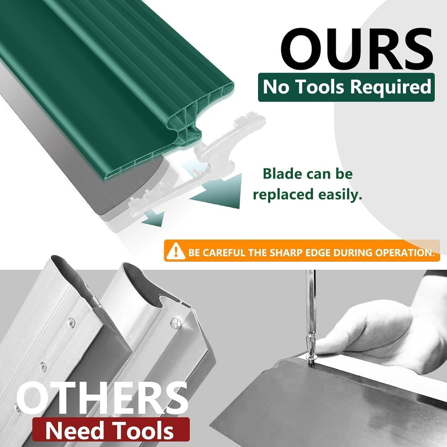 Das Bild vergleicht zwei Klingen. 'Unsere' Klinge erfordert keine Werkzeuge zum Klingenaustausch; 'Andere' benötigen Werkzeuge. Zeigt, wie einfach der Klingenaustausch ist. Seien Sie vorsichtig mit scharfen Kanten.
