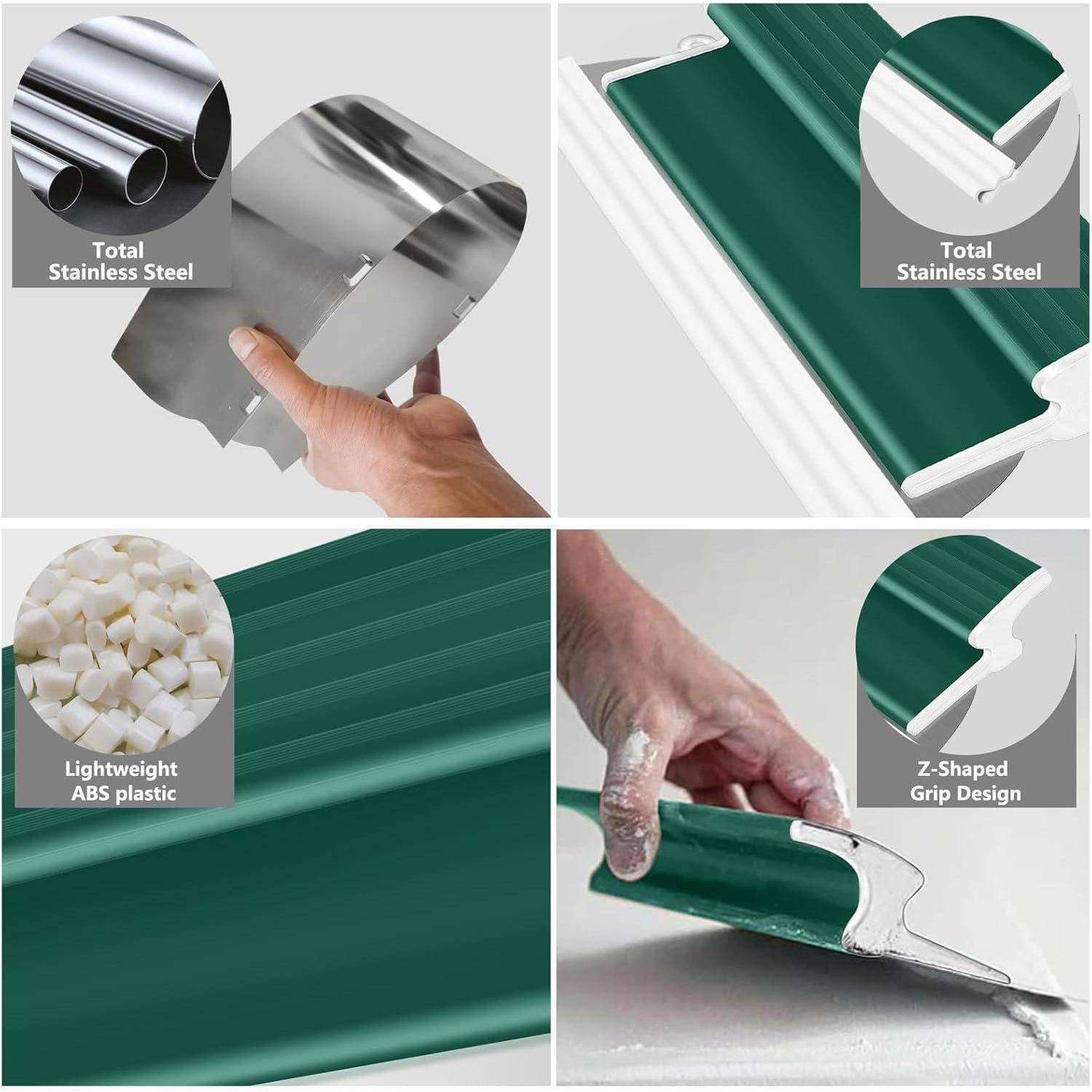 Materialkombination und Merkmale: 'Komplett aus Edelstahl', 'Leichtes ABS-Kunststoff', 'Komplett aus Edelstahl', 'Z-förmiges Griffdesign'.