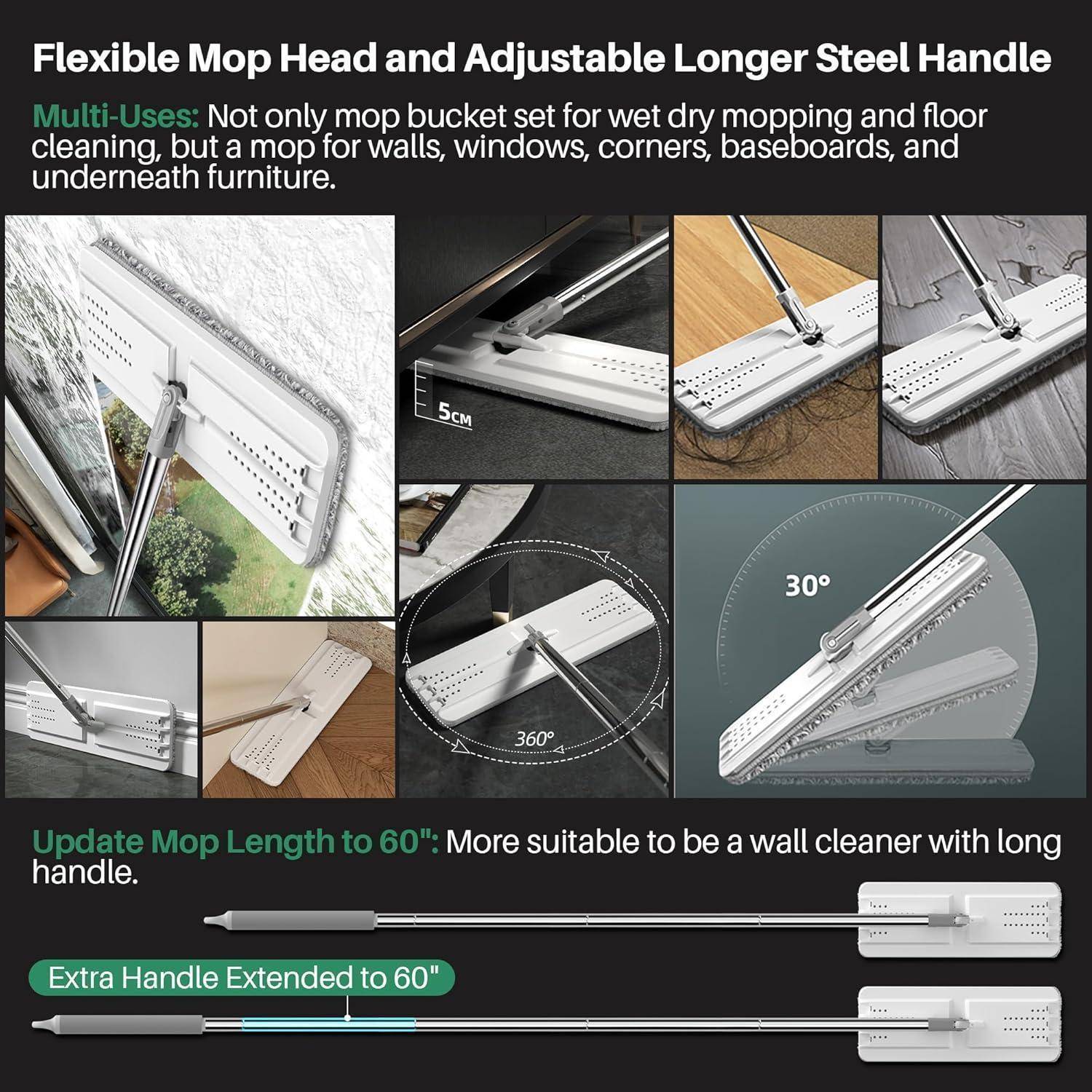Bild eines flexiblen Mopp mit verstellbarem 60-Zoll-Stahlgriff und verschiedenen Anwendungsmöglichkeiten zum Reinigen von Böden, Wänden, Fenstern, Ecken und Sockelleiesten.