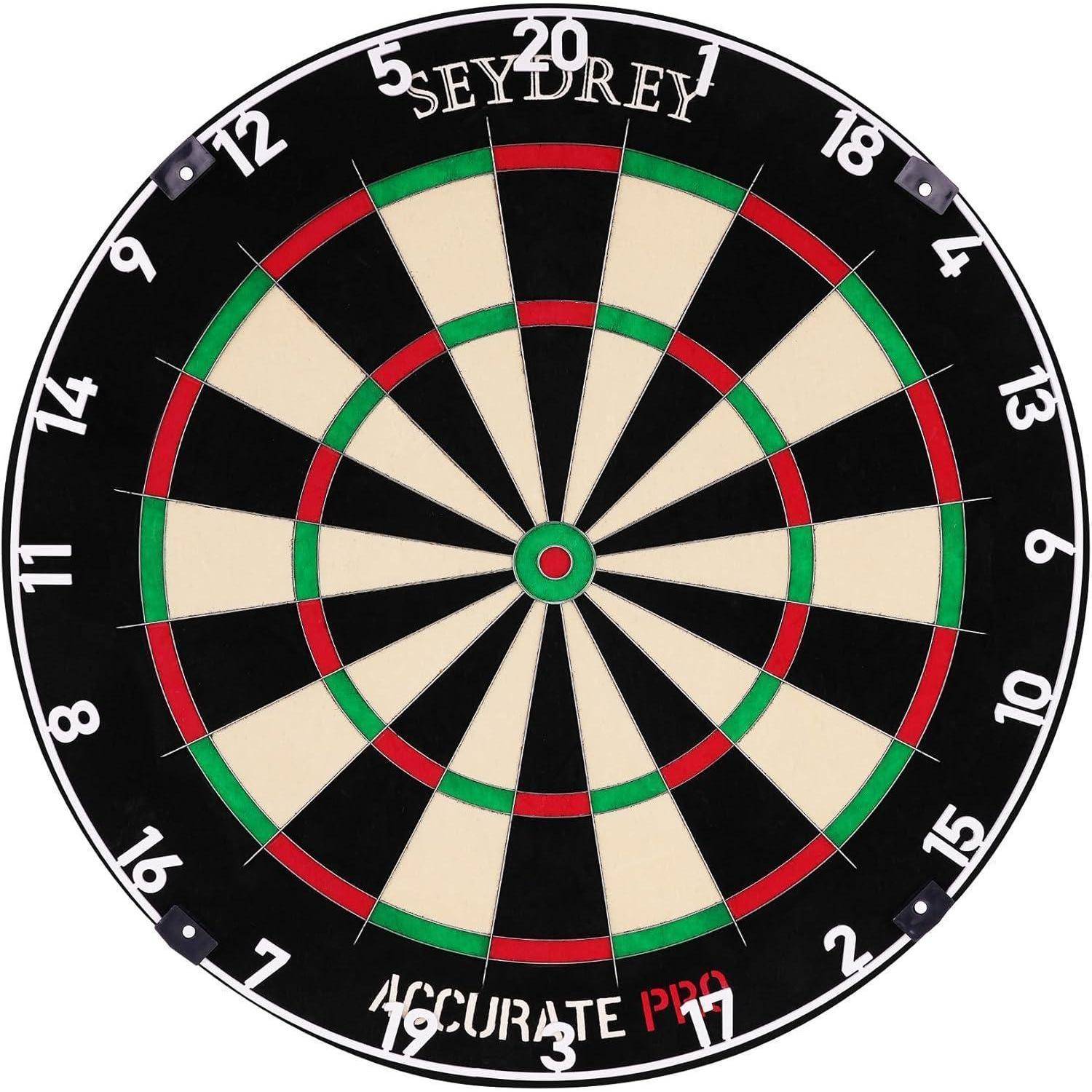Eine Dartscheibe mit nummerierten Abschnitten, einschließlich eines schwarzen äußeren Rings, abwechselnd schwarzen und weißen Sektionen sowie grünen und roten Ringen in der Nähe des Zentrums.