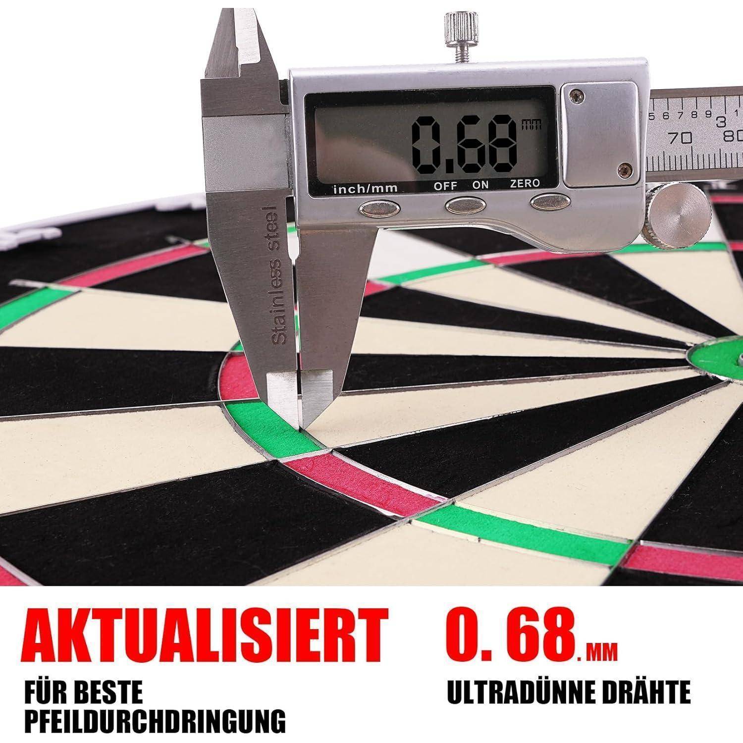 Ein Messschieber, der die Dicke einer Dartscheibe mit 0,68 mm misst. Text liest sich: Aktualisiert, Für Beste Pfeildurchdringung, Ultradünne Drähte.