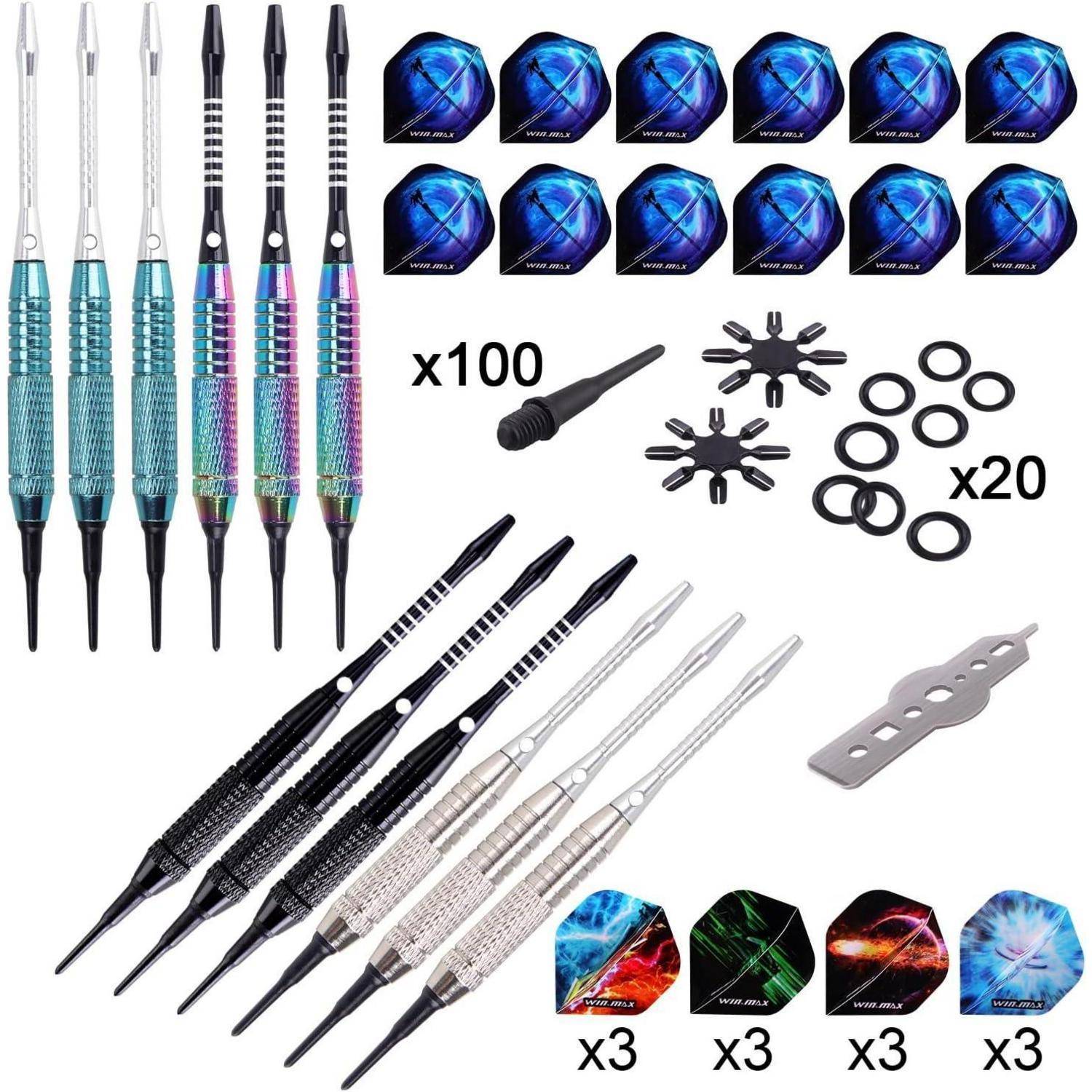 Dartset mit verschiedenen Metallpfeilschäften, Flights, und Zubehör, einschließlich Spitzen, Flightschützern, O-Ringen und einem Schärfer.