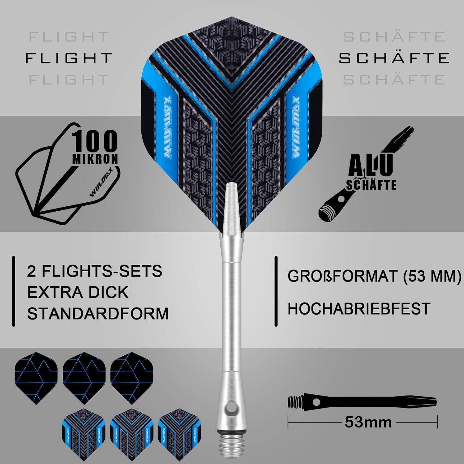 Dart-Flug mit metallenem Schaft, versehen mit geometrischem Muster in Schwarz und Blau. Beinhaltet '2 Flug-Sets extra dick Standardform', '10 Mikron', '55 mm', 'Großformat', 'Hochabriebfest', 'Alu-Schäfte'.
